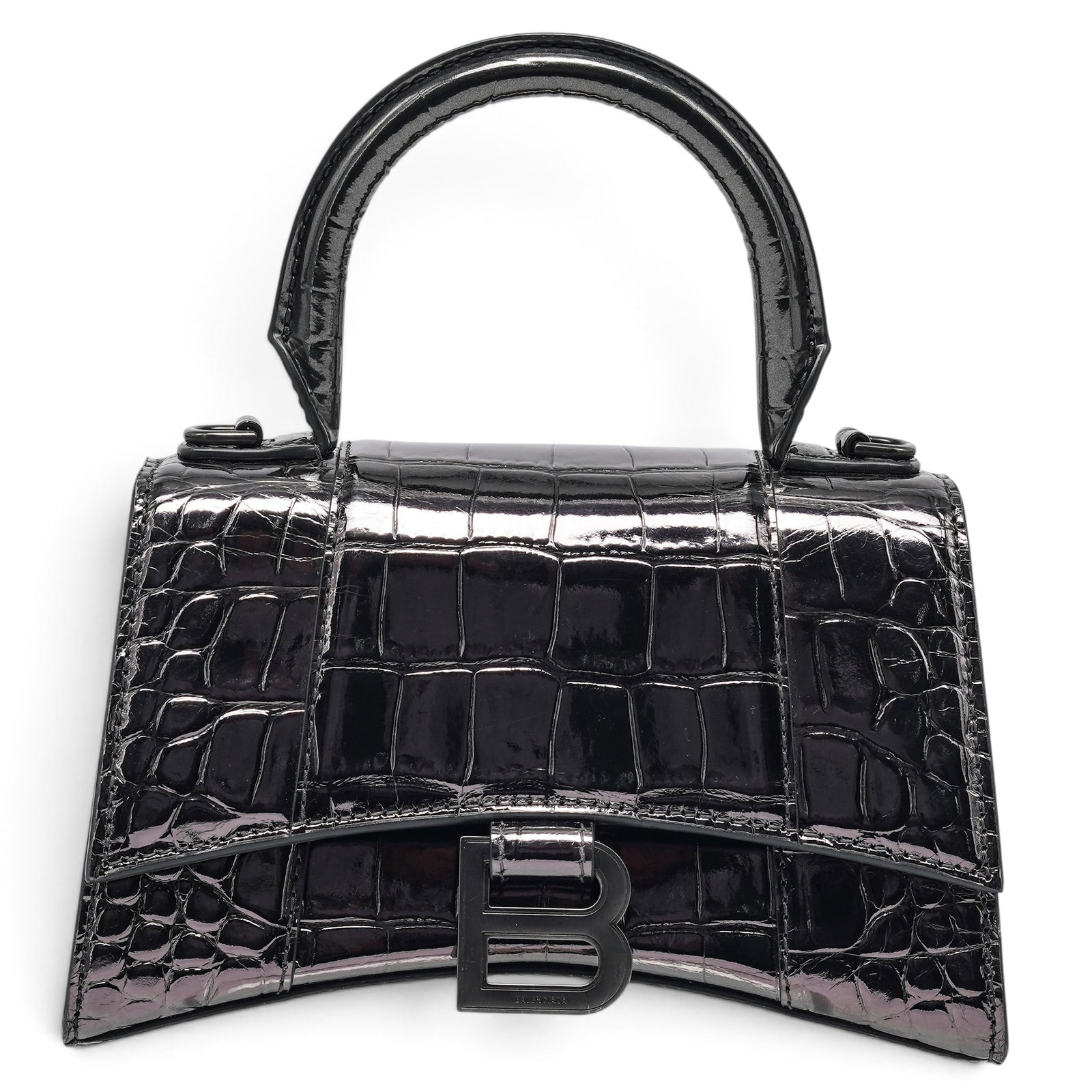 Balenciaga XS "Hourglass" Bag Black Crocodile-Embossed Leather: Balenciaga XS "Hourglass" Bag Black Crocodile-Embossed Leather 2020's, France Balenciaga XS Hourglass Bag crafted from shiny black crocodile-embossed leather, featuring the signature curved silhouette