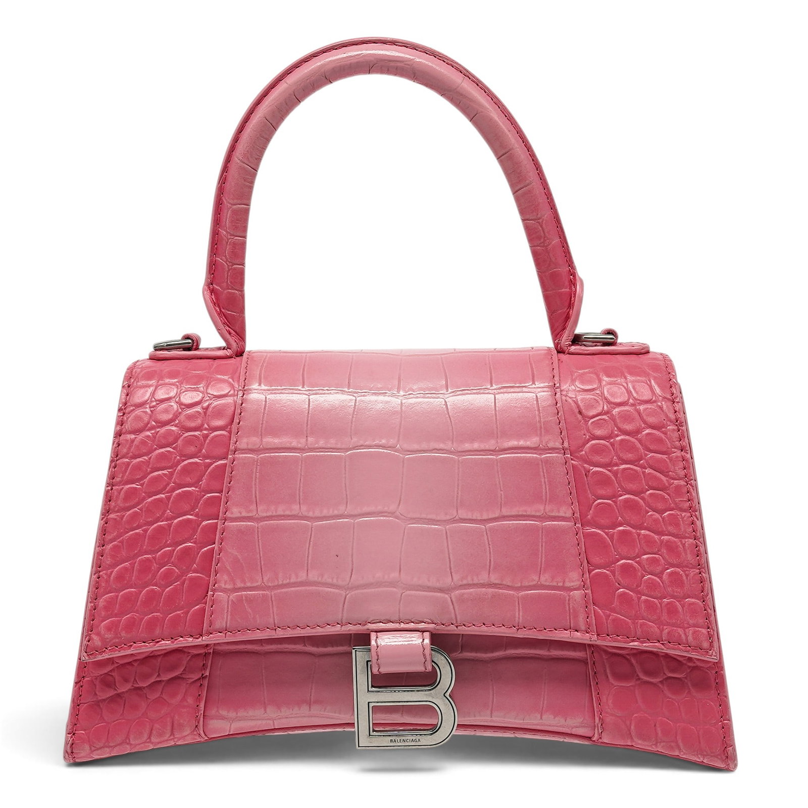 Balenciaga Small "Hourglass" Bag Pink Ombre Crocodile-Embossed Leather: Balenciaga Small "Hourglass" Bag Pink Ombre Crocodile-Embossed Leather 2020's, France Balenciaga Small Hourglass Bag crafted from pink/white ombre crocodile-embossed leather, featuring the signature c