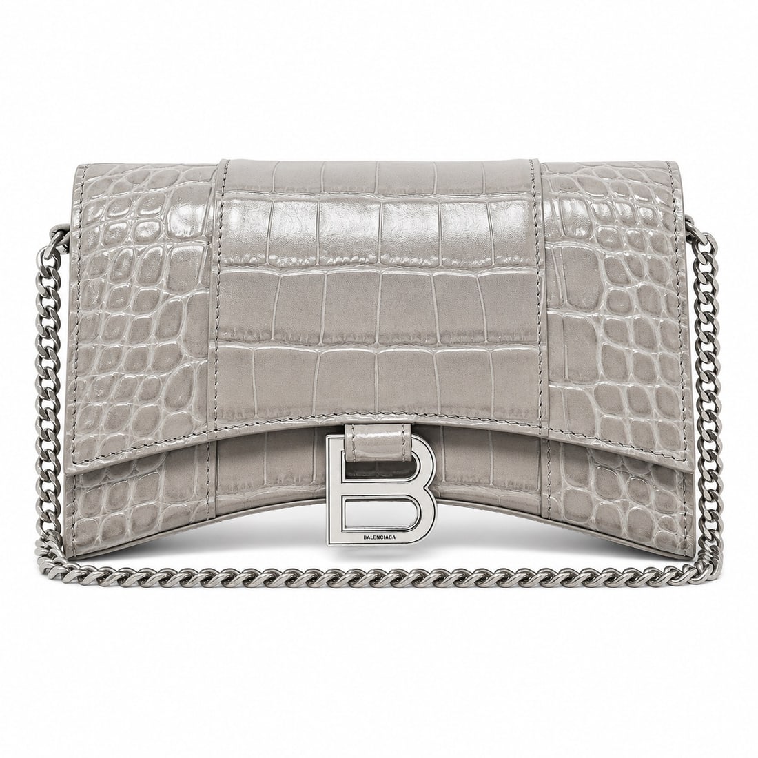 Balenciaga "Hourglass" Wallet on Chain Bag Steel Grey Crocodile Embossed Leather (1 of 12)