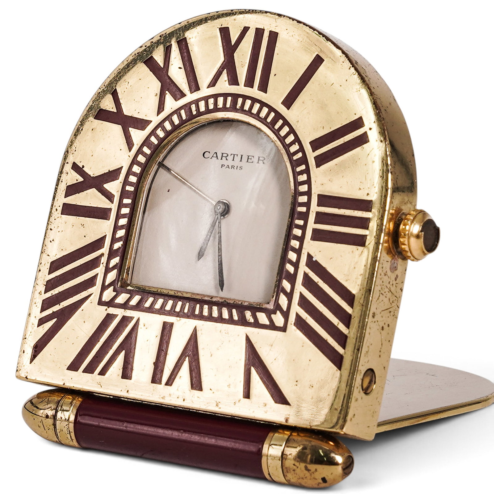 Cartier Romane Gilt Brass and Burgundy Travel Desk Clock (1 of 6)