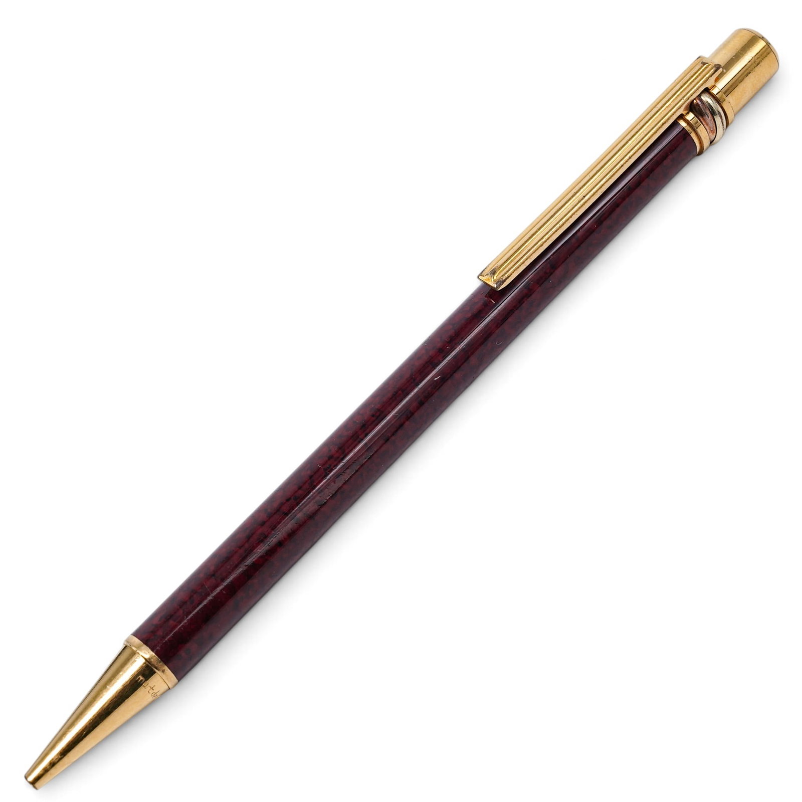 Cartier "Must de Cartier Vendôme Trinity" Ballpoint Pen: Cartier "Must de Cartier Vendôme Trinity" Ballpoint Pen 1990, French Must de Cartier Vendôme ballpoint pen with burgundy lacquer body, gold-plated trim, Trinity three-tone band detail, twist-retract