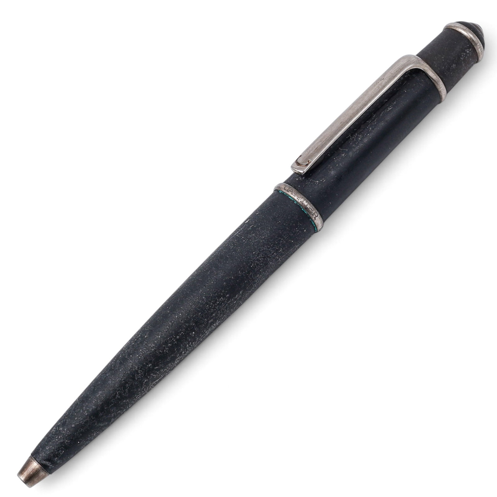 Cartier "Diabolo" Matte Black Ballpoint Pen: Cartier "Diabolo" Matte Black Ballpoint Pen Contemporary, French Cartier Diabolo ballpoint pen with black body, silver-tone trim, rounded black cabochon-style end detail, clip, twist-action writing me