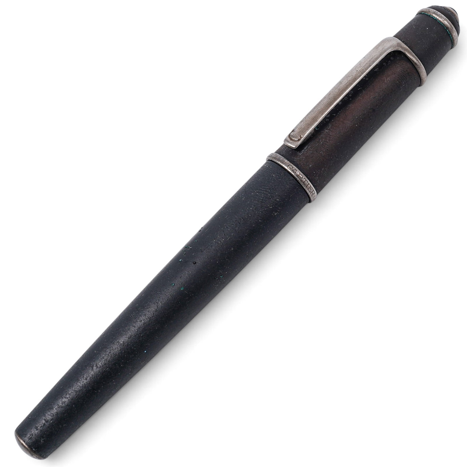 Cartier "Diabolo" Black Fountain Pen: Cartier "Diabolo" Black Fountain Pen Contemporary, French Cartier Diabolo fountain pen with black body, silver-tone trim, rounded black cabochon-style end detail, engraved 18k gold nib, original Carti