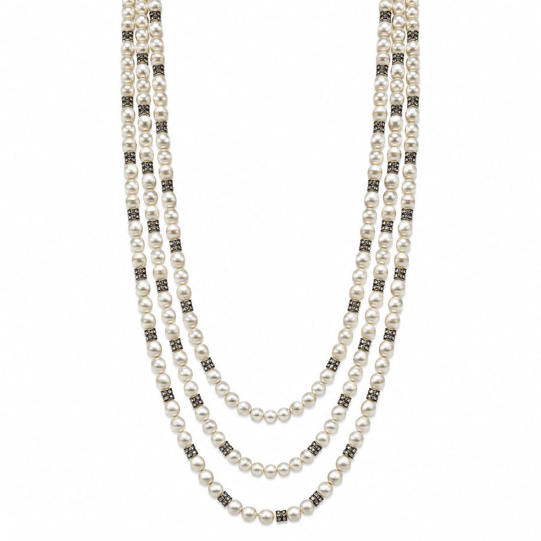 Chanel Multi-Strand Strass & Pearl Costume Necklace: Chanel Multi-Strand Strass & Pearl Costume Necklace 1983, France Chanel Multi-Strand Strass & Pearl Costume Necklace featuring layered strands of faux pearls and sparkling strass crystals, with aged g