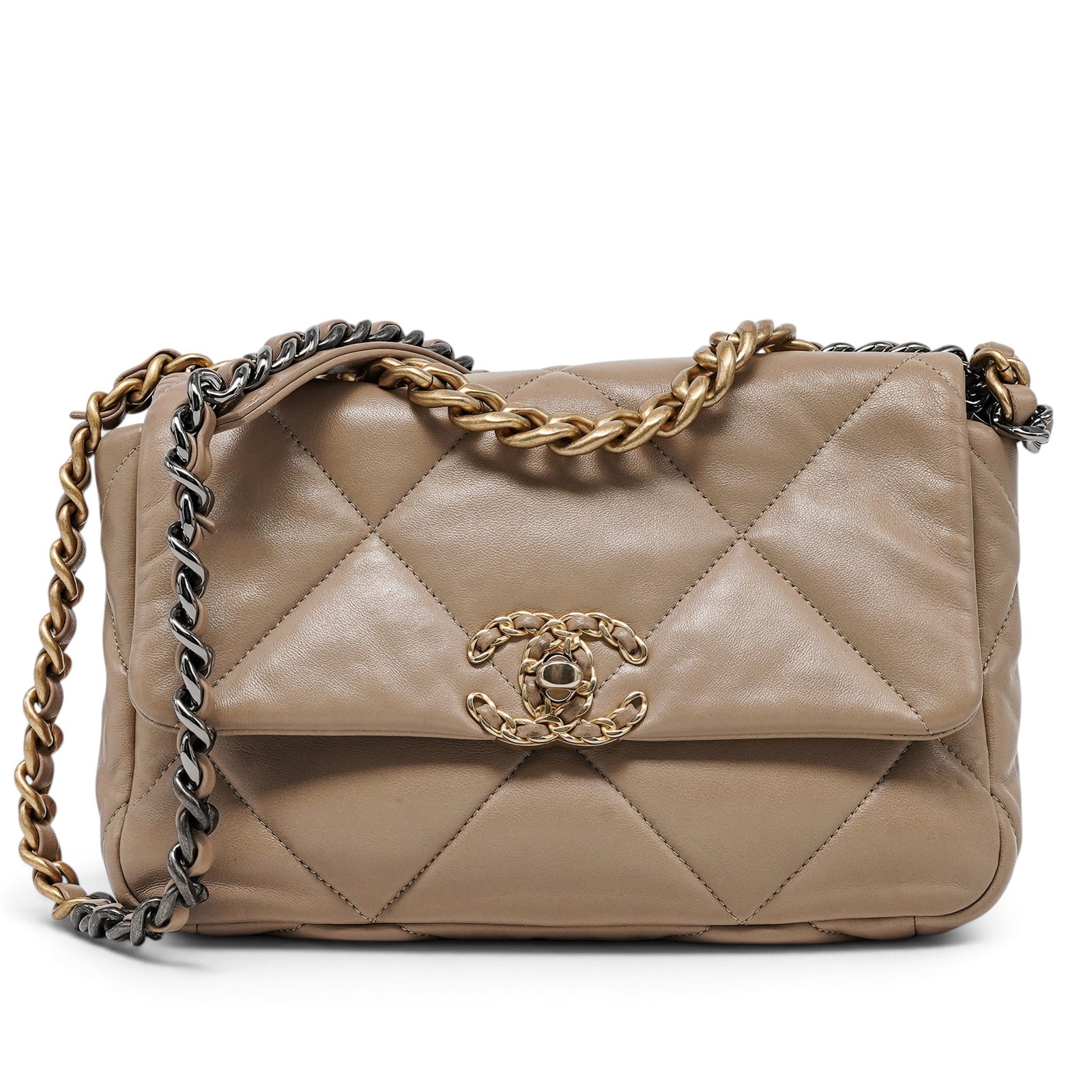 Chanel "19" Beige Lambskin Leather Bag: Chanel "19" Beige Lambskin Leather Bag 2021, Italy Chanel 19 Bag crafted from beige lambskin with signature oversized diamond quilting. Features the distinctive mixed-metal CC logo and chunky interwov