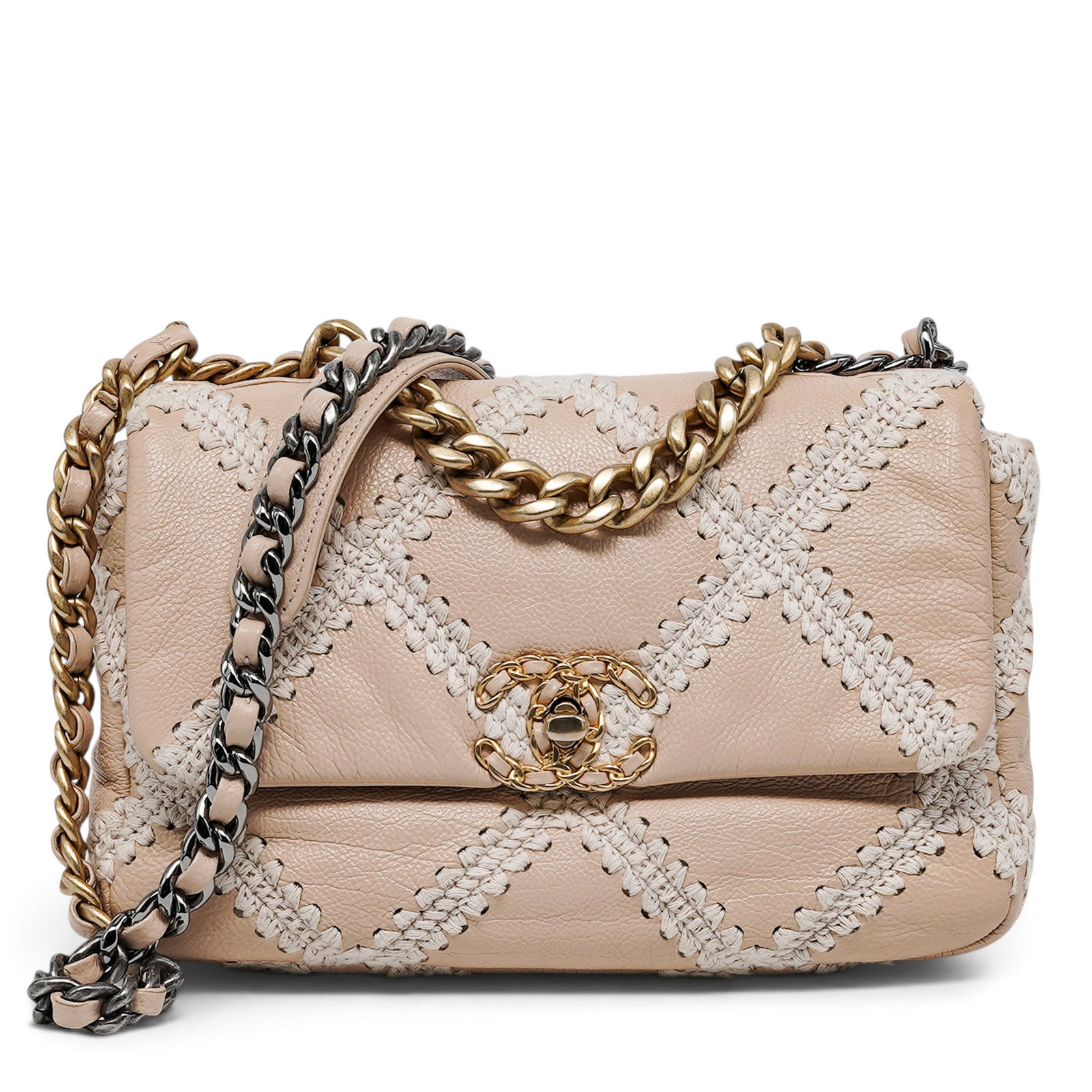 Chanel "19" Beige Pebbled Leather White Crochet Stitch Bag (1 of 13)