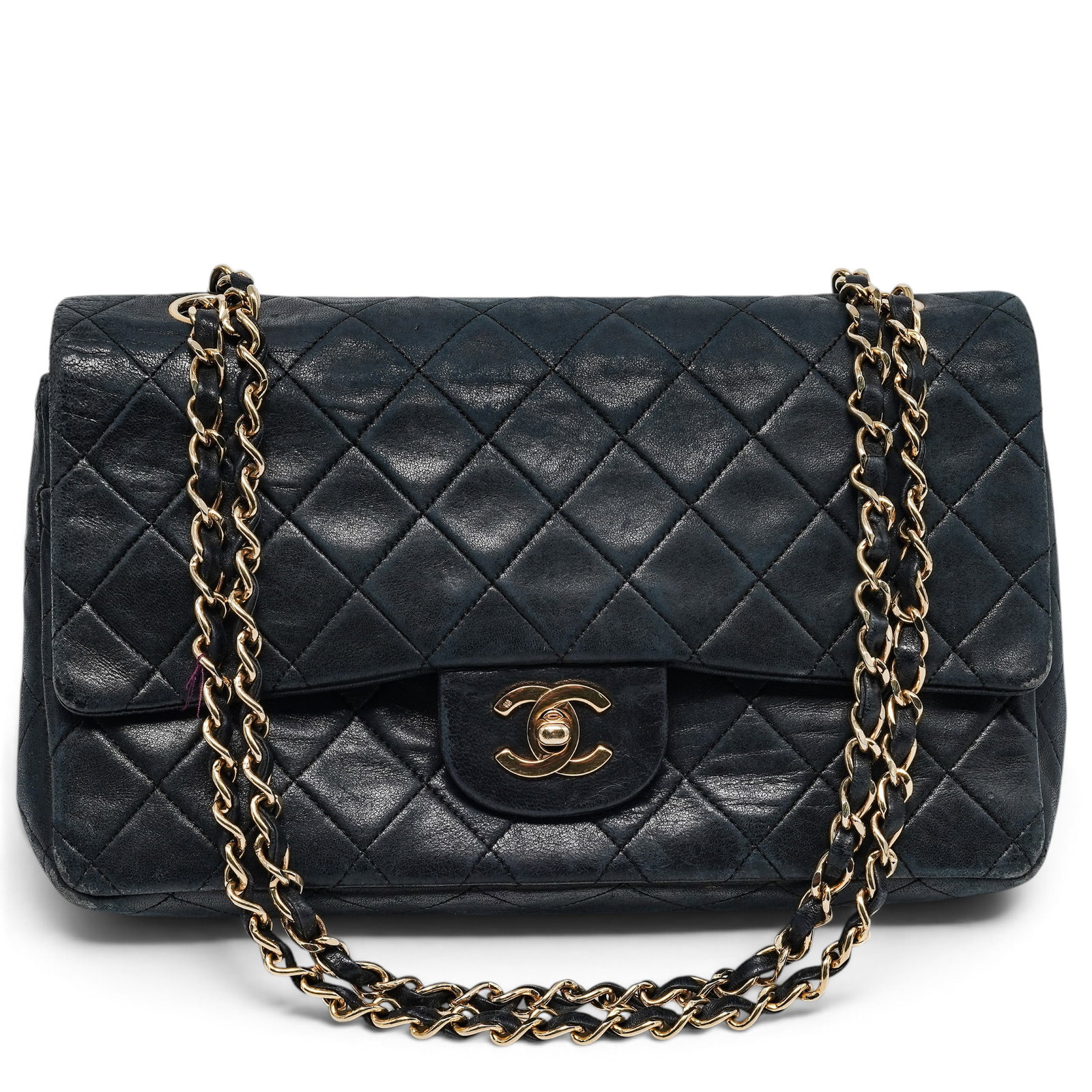 Chanel Classic Double Flap Navy Blue Lambskin Vintage: Chanel Classic Double Flap Navy Blue Lambskin Vintage 1991-1994, France Chanel Classic Double Flap Bag crafted from diamond-quilted navy blue lambskin with 24k gold-plated hardware. Features the signa