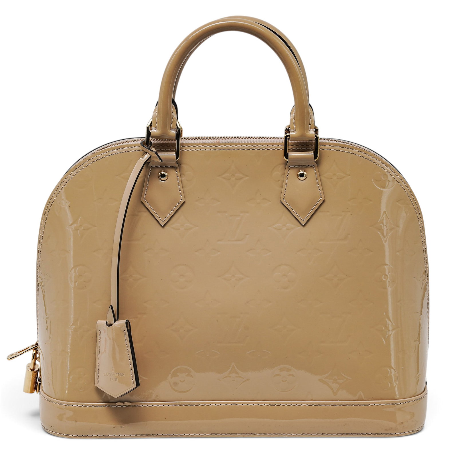 Louis Vuitton "Alma" PM Vernis Beige: Louis Vuitton "Alma" PM Vernis Beige 2015, USA Louis Vuitton Alma PM crafted from glossy beige Vernis patent leather with a structured silhouette, double zip closure, and rolled top handles. Includes
