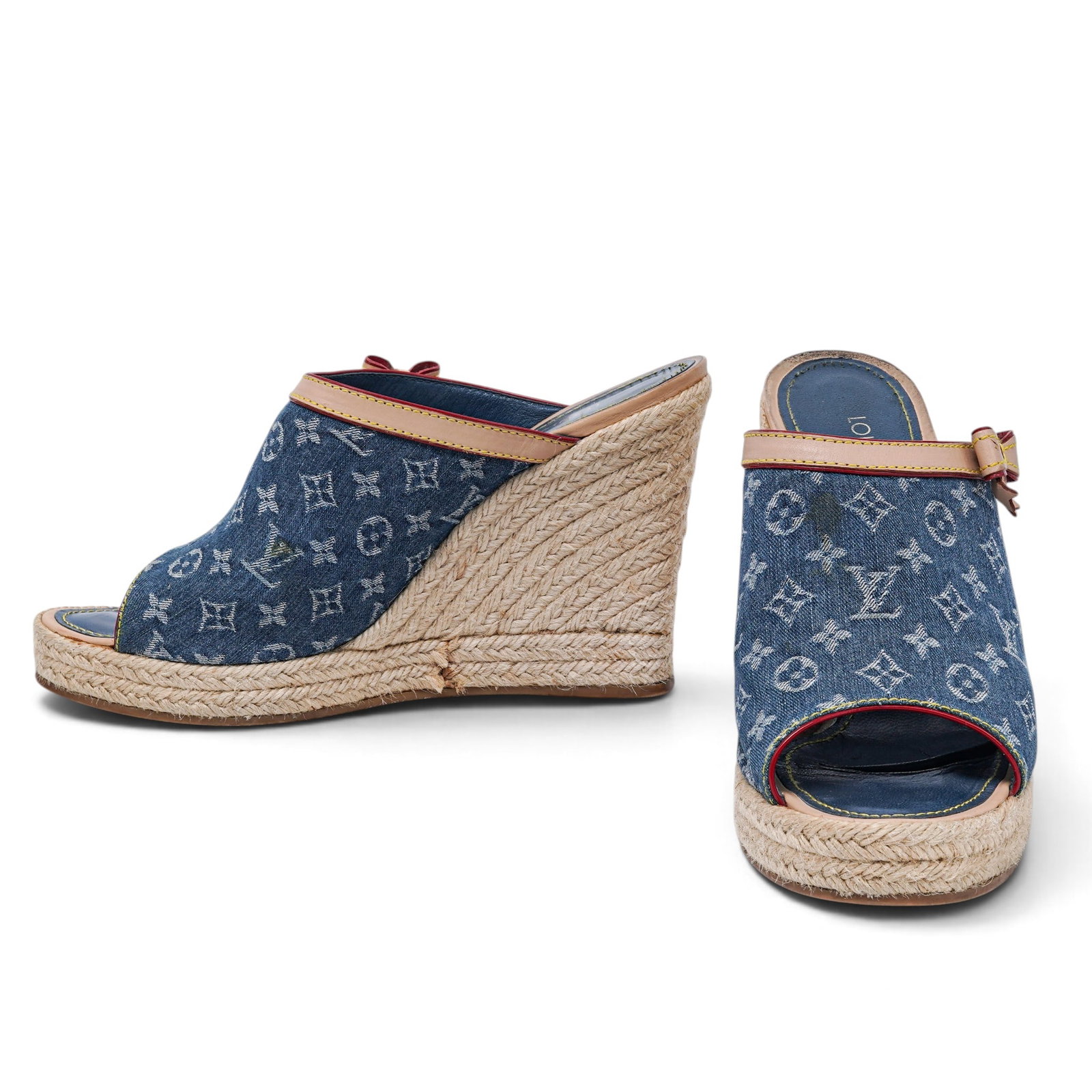 Louis Vuitton Denim Monogram Espadrille Wedges: Louis Vuitton Denim Monogram Espadrille Wedges 2000's, France Property of a Real Housewife of Miami: Lea Black Louis Vuitton Denim Monogram espadrille wedges featuring signature Monogram denim,