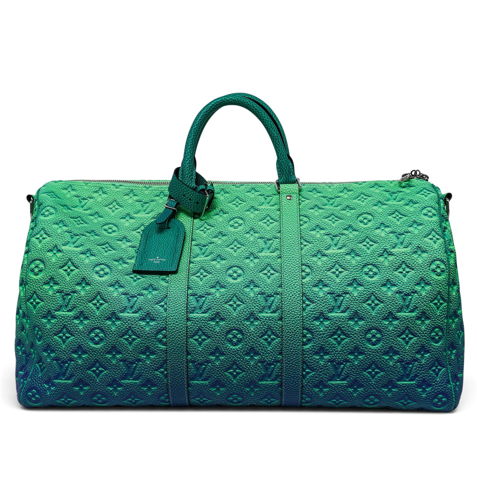 Louis Vuitton "Keepall" 50 Green Monogram Illusion Empreinte Leather: Louis Vuitton "Keepall" 50 Green Monogram Illusion Empreinte Leather 2022, France Louis Vuitton Keepall Bandoulière 50 featuring Taurillon leather, rolled leather top handles, and silver-tone