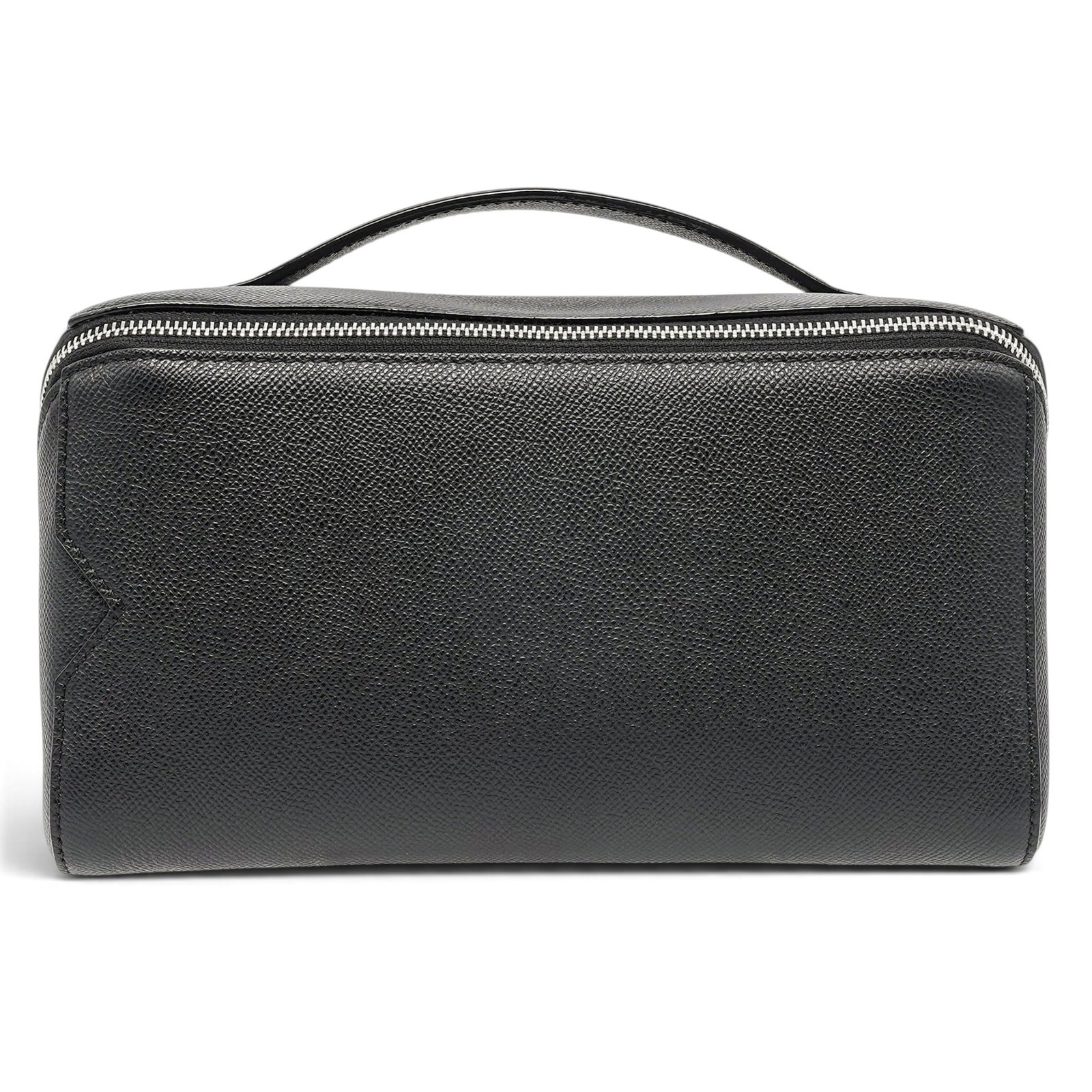 Valextra V-Line Black Leather Toiletry Bag: Valextra V-Line Black Leather Toiletry Bag 2020's, Italy Valextra V-Line Wash Bag crafted from Millepunte calf leather with V-cut detail, wraparound zip closure, dual compartments, and central zip