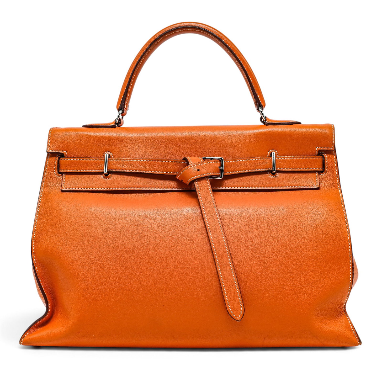 Hermes "Kelly Flat" Sellier 35cm Orange Swift Leather: Hermes "Kelly Flat" Sellier 35cm Orange Swift Leather L (2008), France Hermès Kelly Flat 35 designed by Jean Paul Gaultier during his tenure at Hermès. Crafted from orange Swift leather, featuring