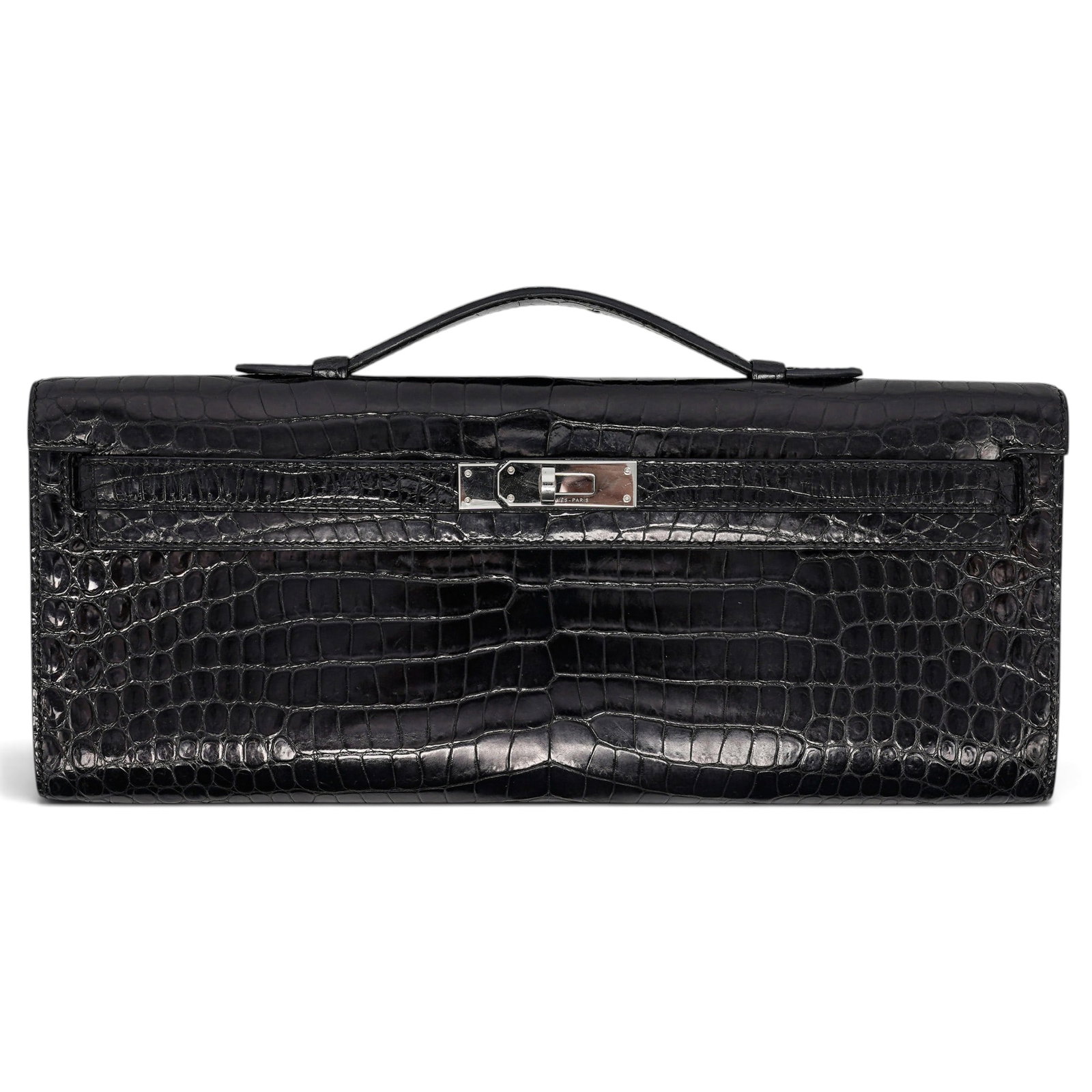Hermes "Kelly Cut" Pochette Black Porous Crocodile: Hermes "Kelly Cut" Pochette Black Porous Crocodile M (2009), France Hermès Kelly Cut Pochette crafted from black porous crocodile with palladium-plated hardware. Features the signature Kelly