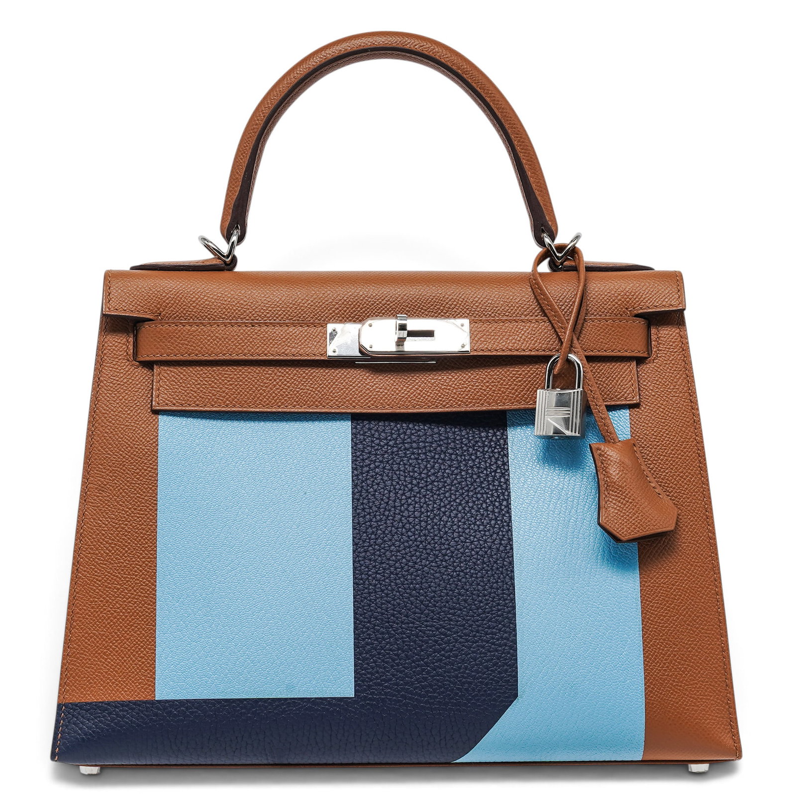Hermes “Kellygraphie?? Kelly 28cm Sellier: Hermes “Kellygraphie” Kelly 28cm Sellier D (2019), France Hermès Kellygraphie crafted in the Sellier style, combining Chèvre Mysore, Epsom, and Togo leathers in Blue Celeste, Indigo, and