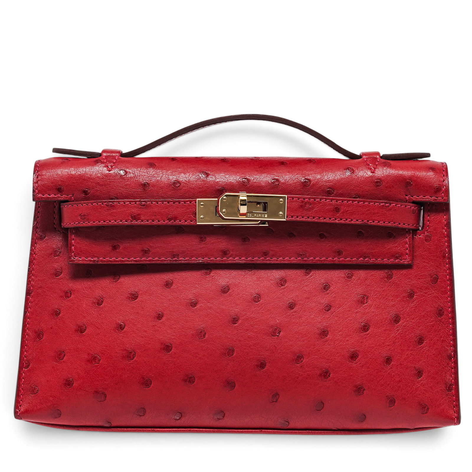 Hermes "Kelly Pochette" Rouge Vif Ostrich: Hermes "Kelly Pochette" Rouge Vif Ostrich T (2015), France Property of a Real Housewife of Miami, Lea Black. Hermès Kelly Pochette crafted from exotic ostrich leather with gold-plated hardware. Featu
