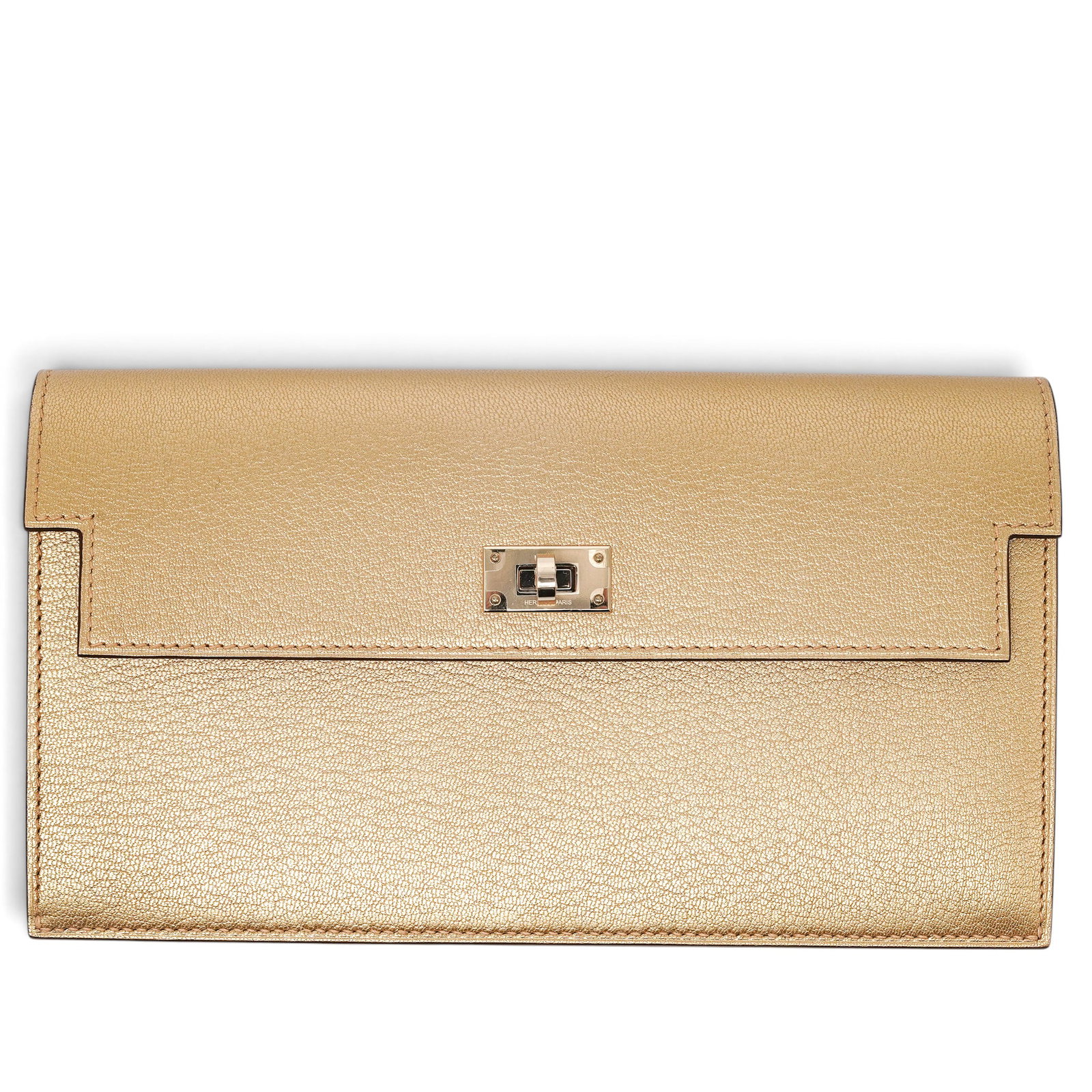 Hermes "Kelly Pocket" Chamkilight Goatskin: Hermes "Kelly Pocket" Chamkilight Goatskin G (2026), France Hermès Kelly Pocket crafted from Gold Chamkilight goatskin, with a goatskin-lined interior. Features the signature Kelly turn-lock, four ca