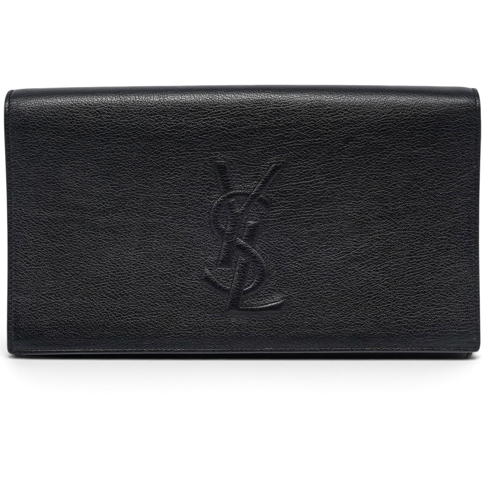 Saint Laurent "Belle Du Jour" Black Leather Clutch: Saint Laurent "Belle Du Jour" Black Leather Clutch 2010's, France Saint Laurent black leather Belle Du Jour clutch with the signature YSL logo on the front and fold-over flap closure. 11" L x 7" H x 1