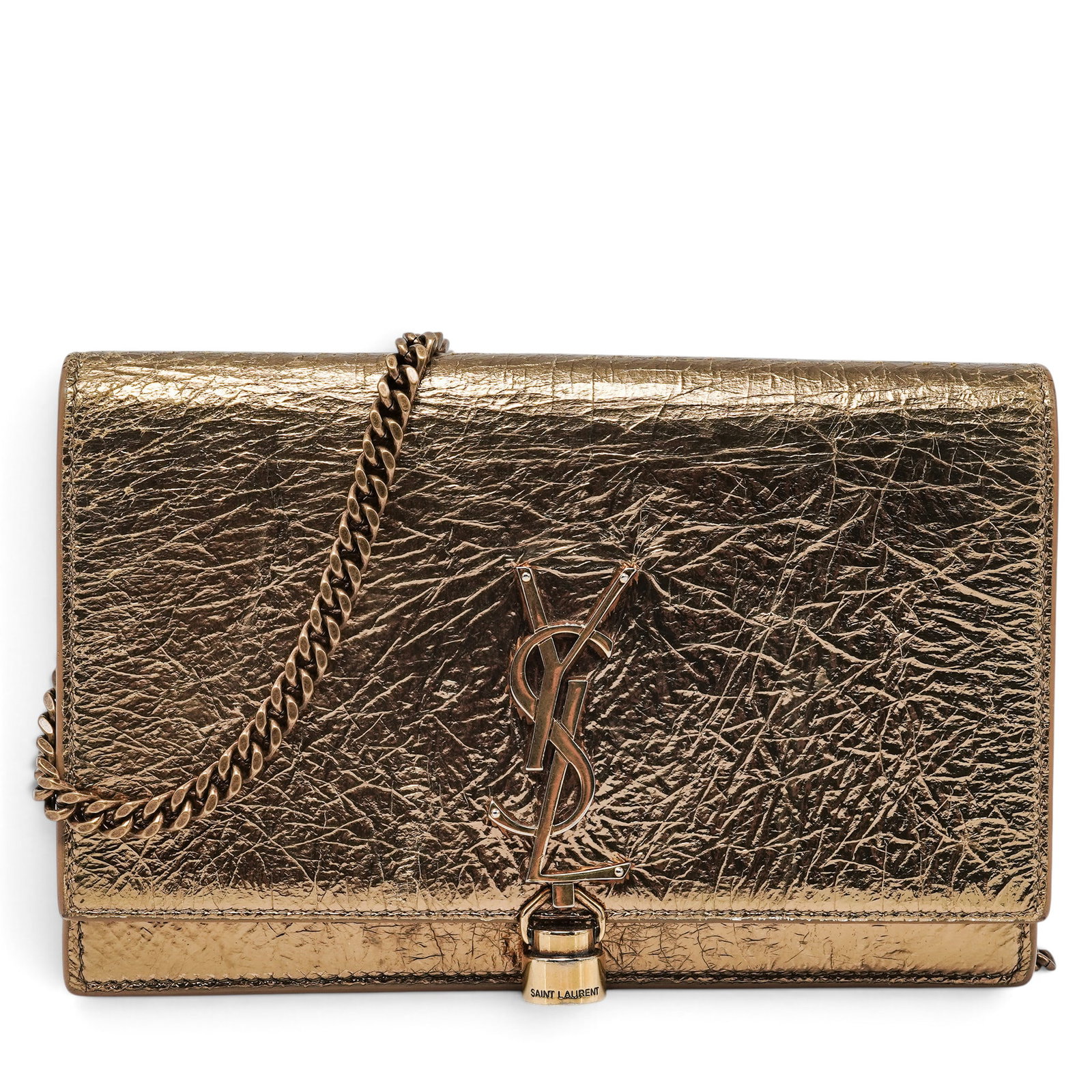 Saint Laurent "Kate" Dusty Gold Leather Bag: Saint Laurent "Kate" Dusty Gold Leather Bag 2010's, France Saint Laurent Metallic Gold leather Kate bag with the signature YSL logo on the front, chain shoulder strap, and flap closure. 7.75" L x 5" H