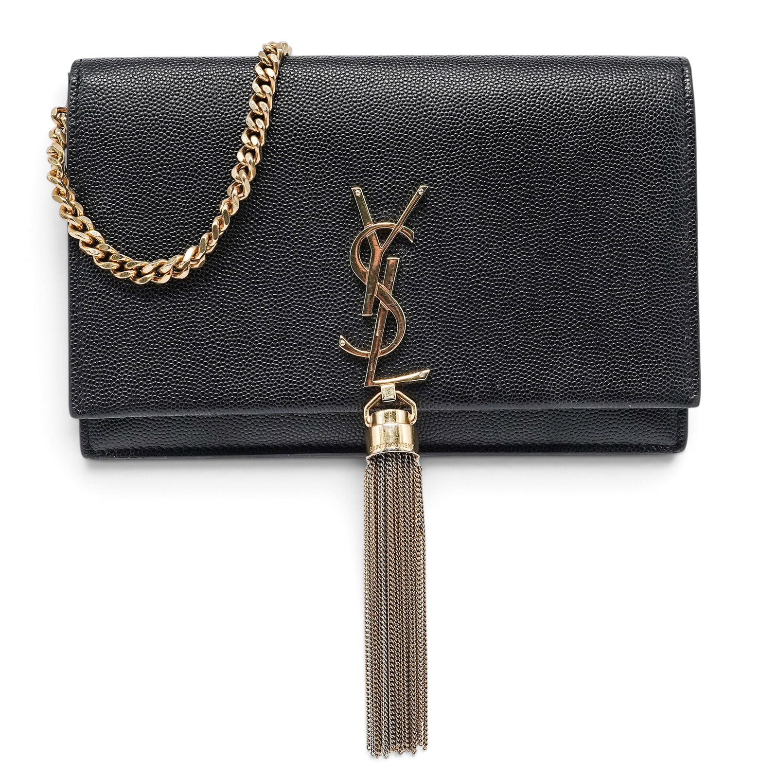 Saint Laurent "Kate" Black Pebbled Leather Bag: Saint Laurent "Kate" Black Pebbled Leather Bag 2020's, France Saint Laurent Black Pebbled Leather Kate bag with the signature YSL logo on the front, chain shoulder strap, gold dangling chains, and fla