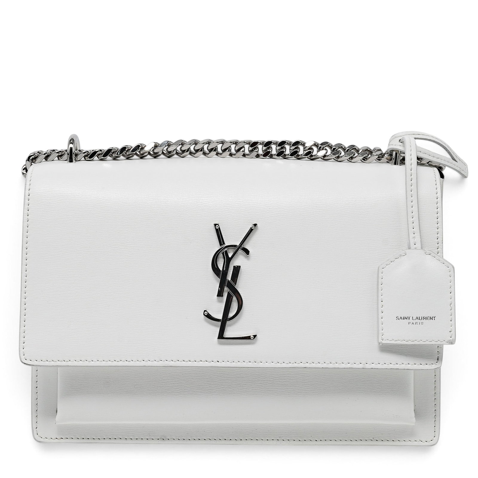 Saint Laurent "Sunset" White Leather Chain Strap Bag: Saint Laurent "Sunset" White Leather Chain Strap Bag 2020's, France Saint Laurent Sunset Bag crafted from white leather with a structured silhouette, signature YSL hardware, and chain shoulder strap. 