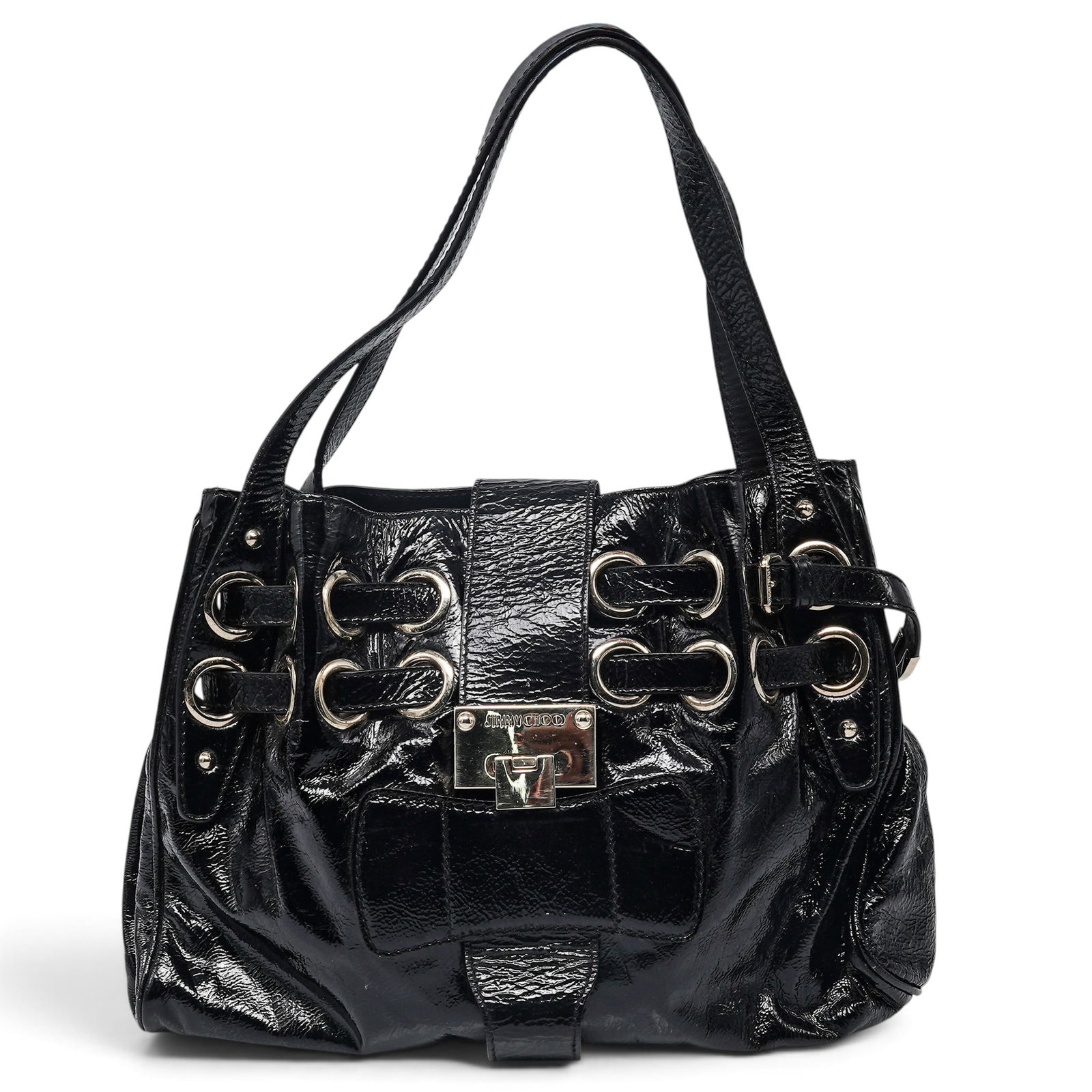 Jimmy Choo "Ramona" Black Patent Leather Bag: Jimmy Choo "Ramona" Black Patent Leather Bag 2000's, Italy Jimmy Choo Ramona Bag crafted from black patent leather, featuring a structured silhouette, rolled top handles, and signature gold buckle det