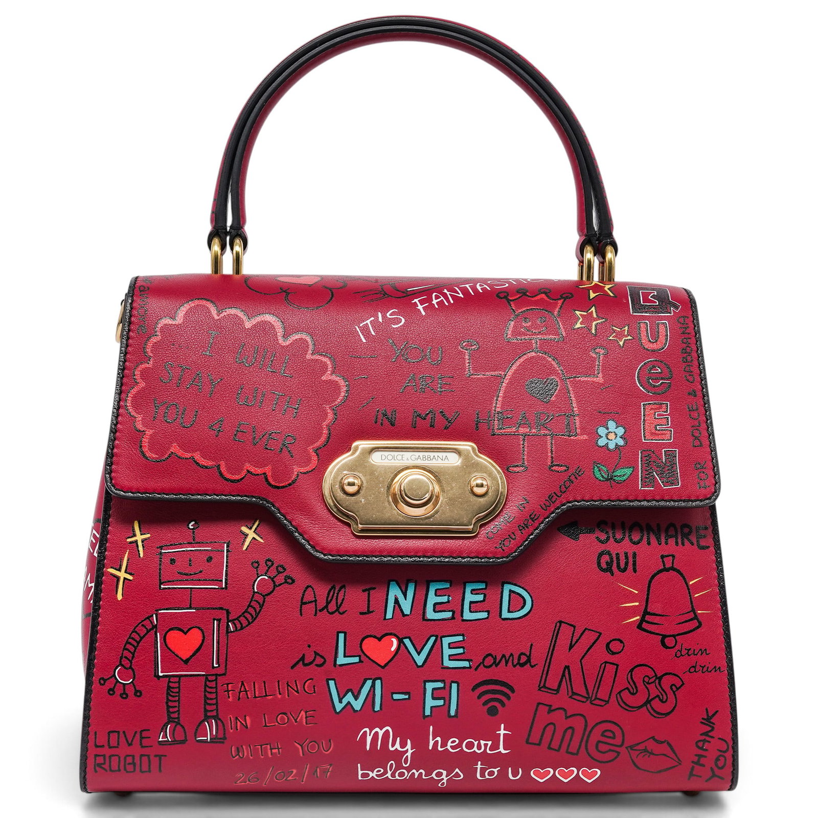Dolce & Gabbana Red Leather "Welcome" Top Handle Bag: Dolce & Gabbana Red Leather "Welcome" Top Handle Bag 2020's, Italy Dolce & Gabbana “Welcome” Top Handle Bag crafted from red leather with printed quote detailing throughout. Features a structu