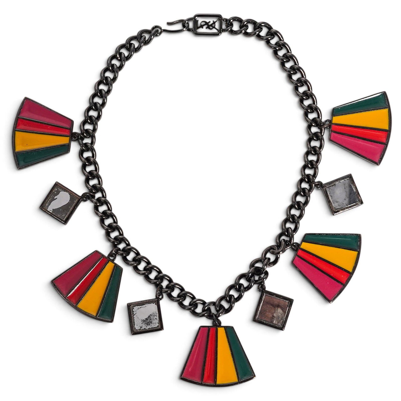 Yves Saint Laurent by Goossens Rainbow Fan & Mirror Necklace: Yves Saint Laurent by Goossens Rainbow Fan & Mirror Necklace 1990's, France Yves Saint Laurent by Goossens Statement Necklace featuring a black chain with multicolored fan-shaped pendants and