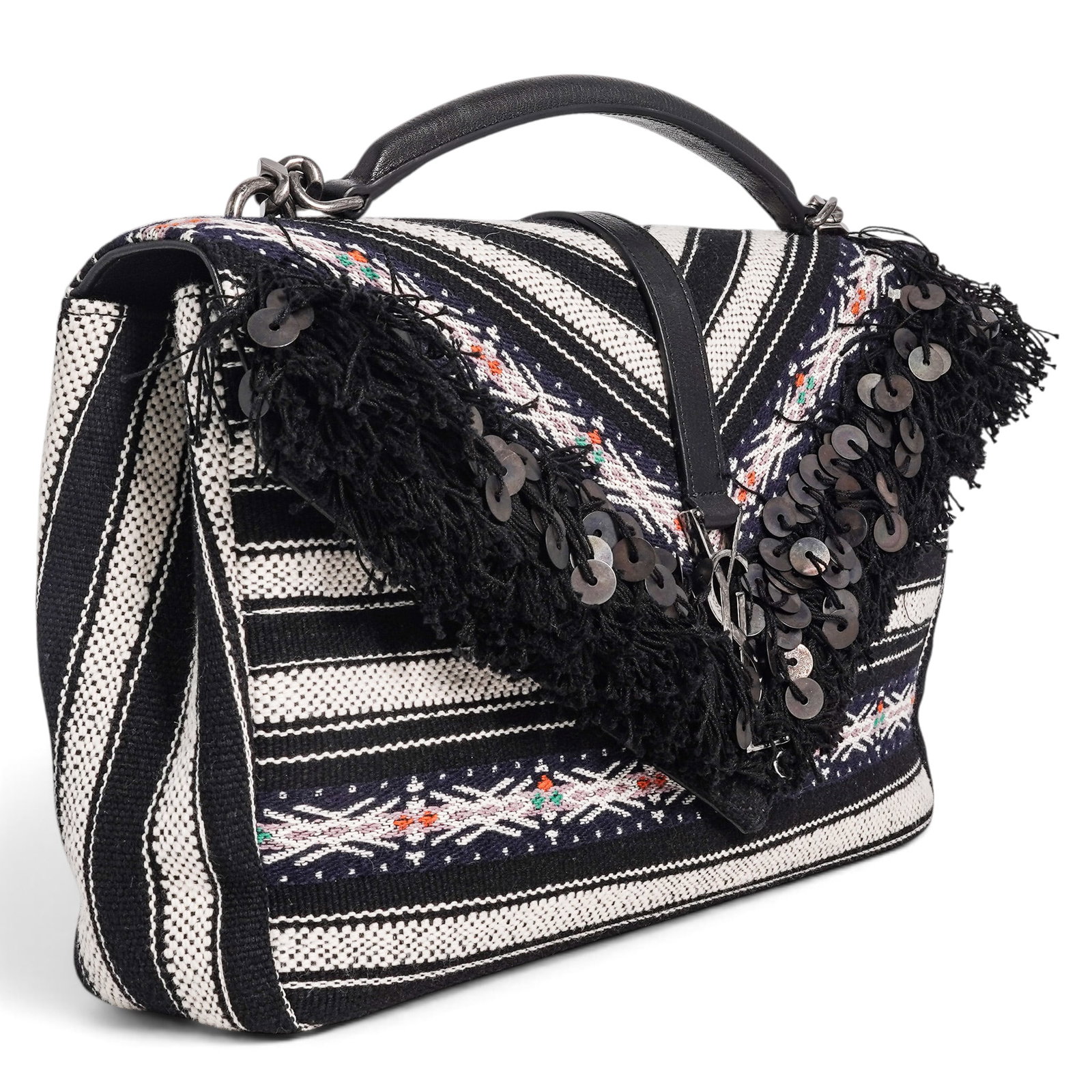 Saint Laurent "College" Large Boho Sequin Fringe Bag: Saint Laurent "College" Large Boho Sequin Fringe Bag 2017, France Saint Laurent Boho Sequin Fringe College Bag crafted from black and white chevron Berber canvas with leather trim, fringe, sequins,
