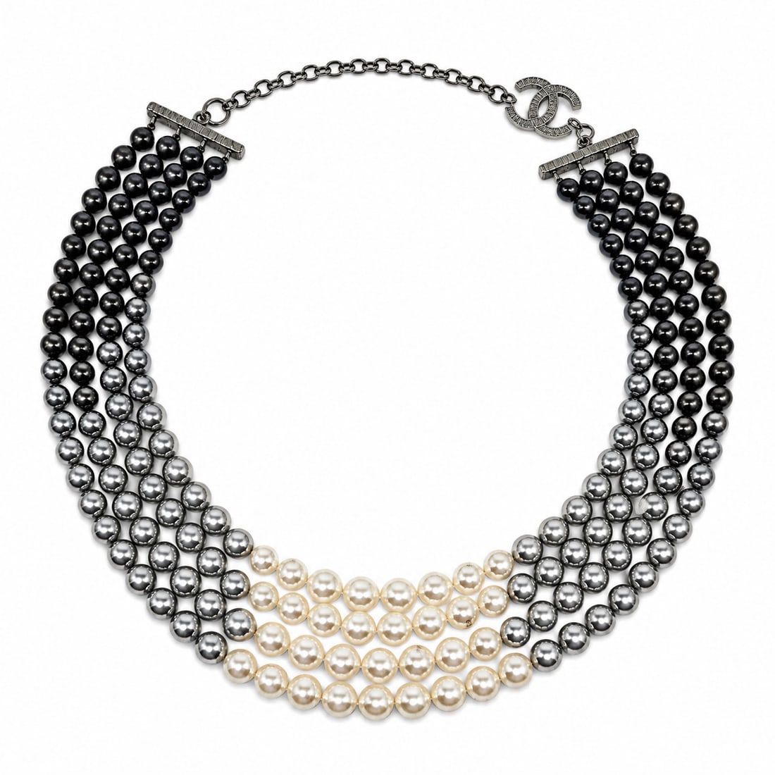 Chanel Classic Costume Pearl Ombre Triple Strand Necklace: Chanel Classic Costume Pearl Ombre Triple Strand Necklace 2015, Italy Classic Chanel Pearl Ombre Triple Strand Necklace featuring three graduated strands of faux pearls transitioning from black to gre