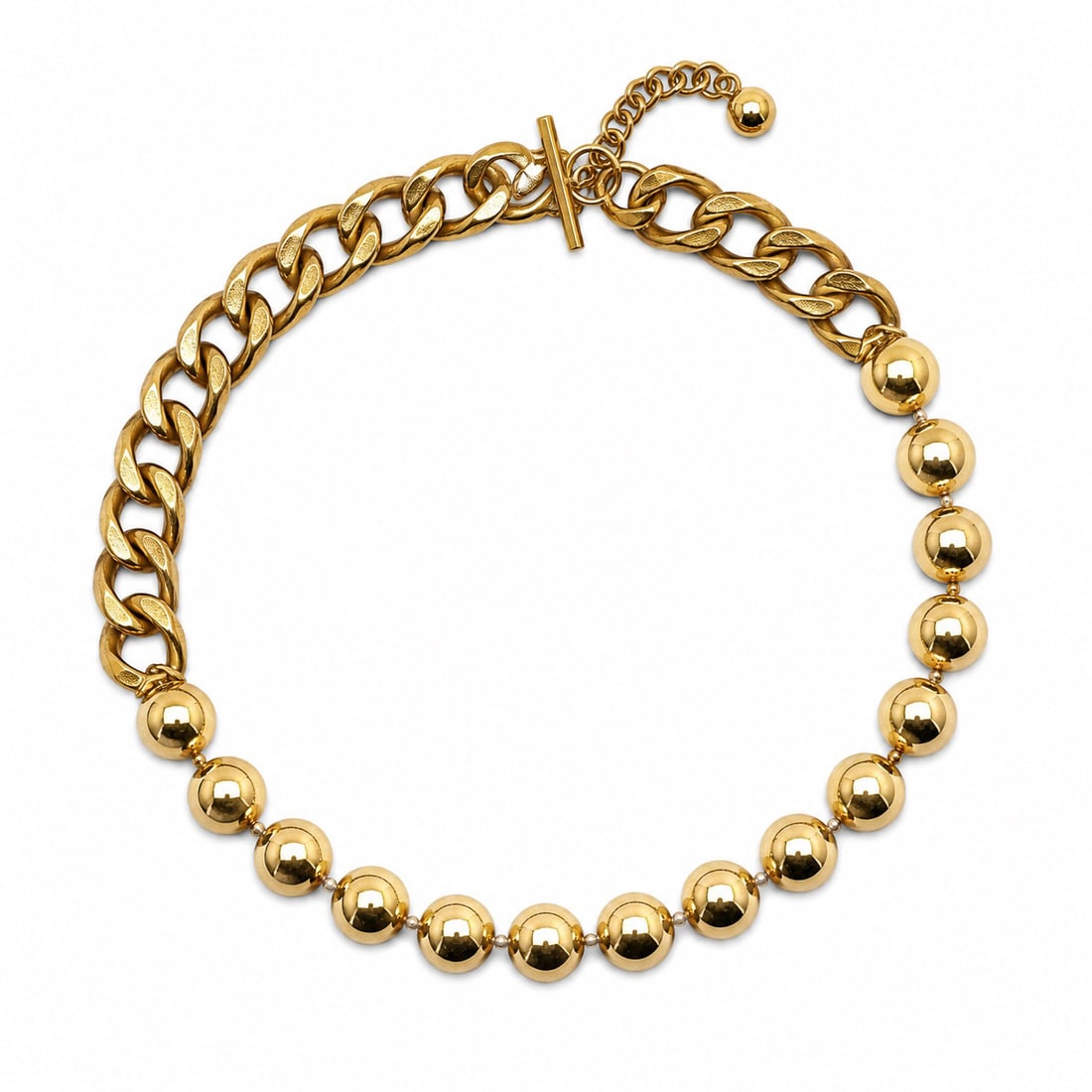 Chanel Chunky Gold Chain Ball Necklace: Chanel Chunky Gold Chain Ball Necklace 1990's, France Chanel Chunky Gold Chain Ball Necklace featuring oversized gold-tone chain links and polished ball links. 36" Long