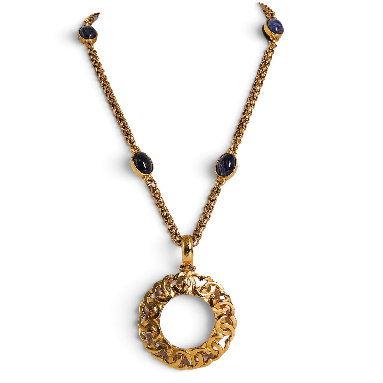 Chanel CC Logo Magnifying Glass & Lapis Lazuli Necklace: Chanel CC Logo Magnifying Glass & Lapis Lazuli Necklace 1995, France Property of a Real Housewife of Miami: Lea Black Chanel 24k Gold-Plated CC Magnifying Glass & Lapis Lazuli Necklace featuring a