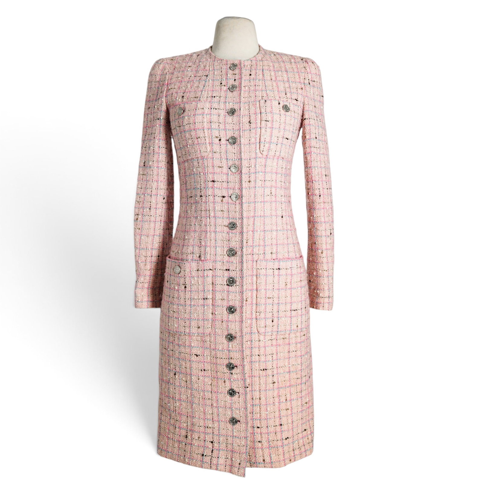 Chanel Pink Tweed Knee-Length Dress: Chanel Pink Tweed Knee-Length Dress 2000's, France Chanel pink tweed knee-length dress featuring a classic tweed construction and signature Chanel detailing on the pockets and along the center of the
