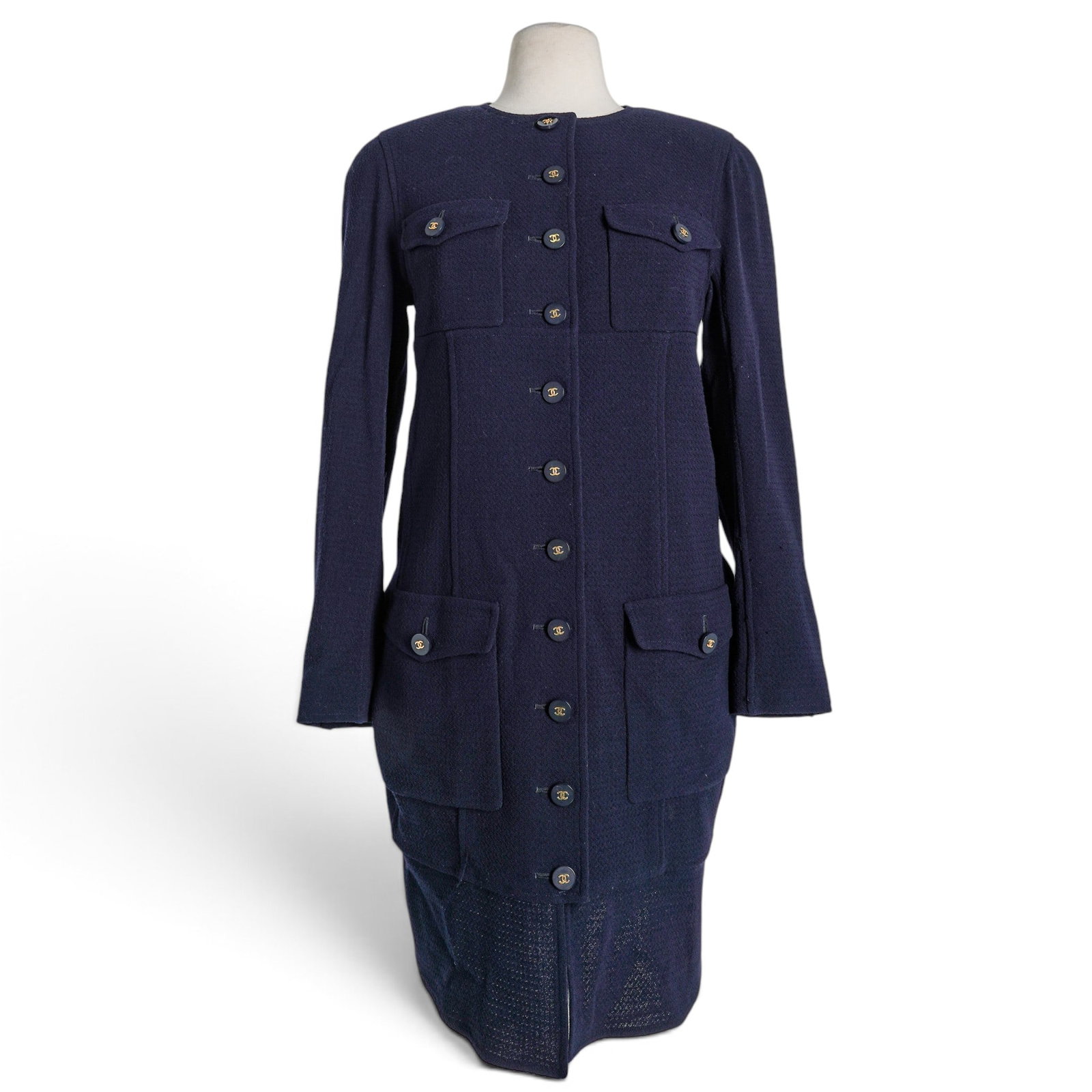 Chanel Blue Tweed Knee-Length Dress: Chanel Blue Tweed Knee-Length Dress 1994, France Chanel pink tweed knee-length dress featuring a classic tweed construction and signature Chanel detailing on the pockets and along the center of the
