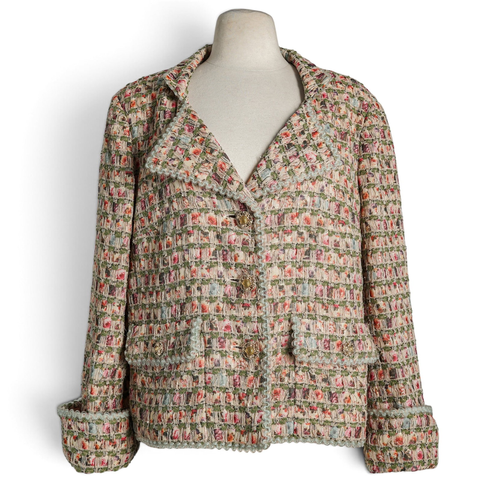 Chanel Multicolor Tweed Jacket: Chanel Multicolor Tweed Jacket 1990's, France Chanel multicolor tweed jacket featuring a classic tweed construction with multicolor detailing throughout, scalloped edging along the seams, and