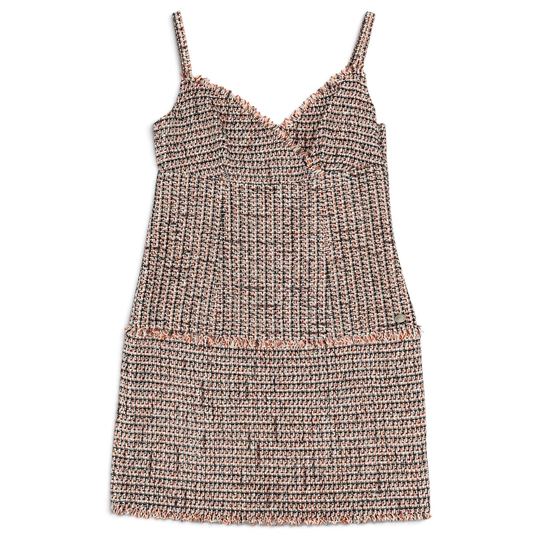 Chanel Multicolor Tweed Mini Dress: Chanel Multicolor Tweed Mini Dress 2010's, France Chanel multicolor tweed mini dress featuring a V-cut line, classic tweed construction and multicolor detailing throughout. Size 40 (US 8)