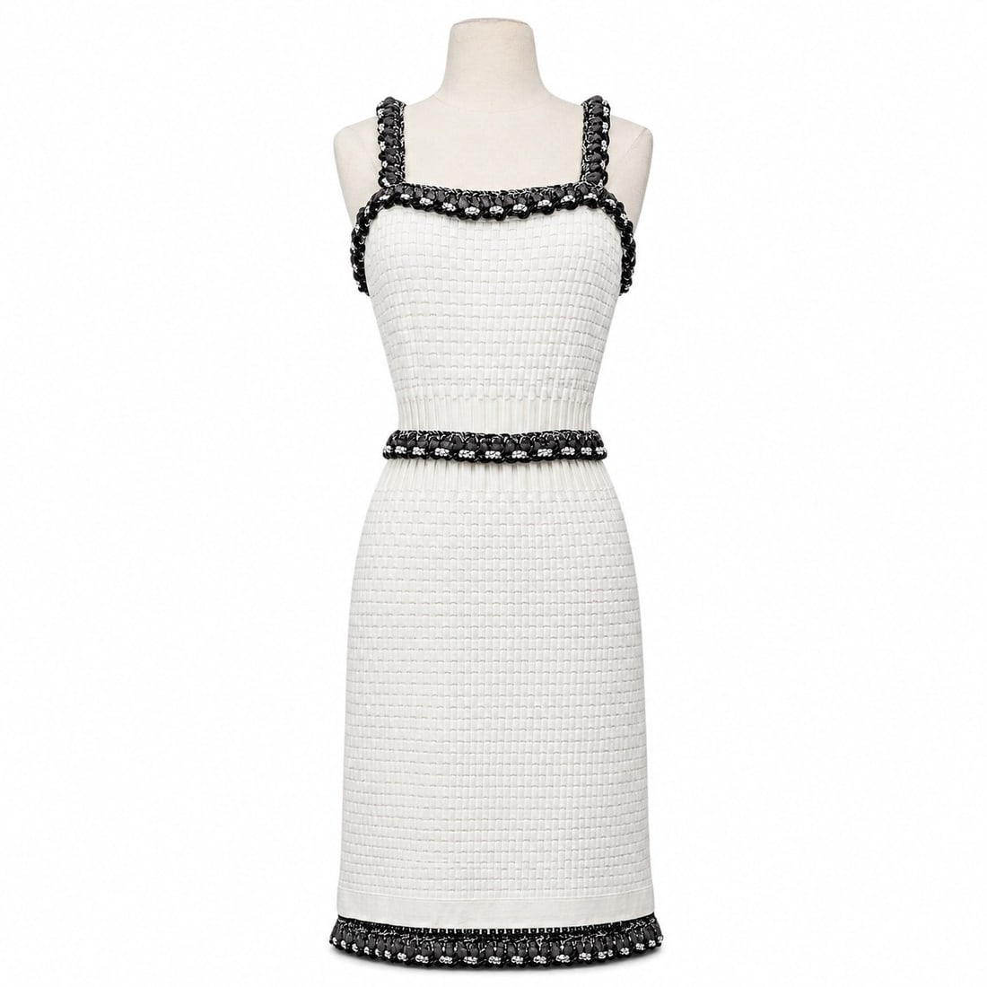 Chanel A-Line White Dress with Tweed & Chain Detailing: Chanel A-Line White Dress with Tweed & Chain Detailing 2014, France Chanel A-line white dress featuring tweed and chain detailing throughout, with a matching belt. FR Size 42 (US 10)