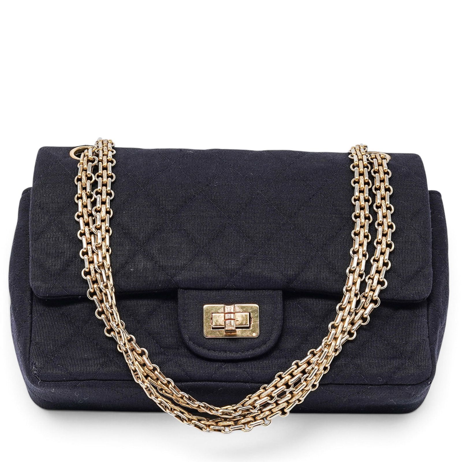 Chanel "Classic Double Flap" Blue Jersey Vintage: Chanel "Classic Double Flap" Blue Jersey Vintage 1970's, France Chanel Vintage Classic Flap Bag crafted from quilted navy blue jersey with blue lambskin accents, featuring gold-plated hardware,