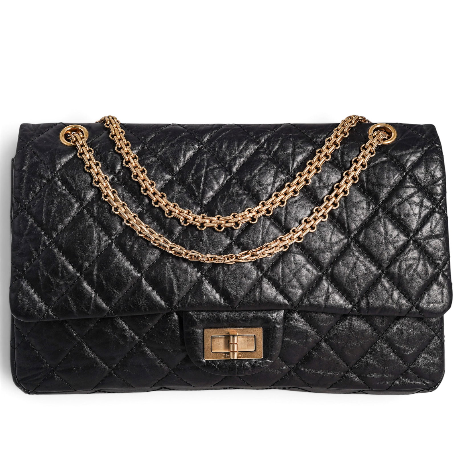 Chanel Classic "Reissue 2.55" Flap 227 Black Aged Calfskin: Chanel Classic "Reissue 2.55" Flap 227 Black Aged Calfskin 2010, France Chanel Classic Reissue 2.55 227 crafted from black aged calfskin with an intentionally distressed finish. Features the signature