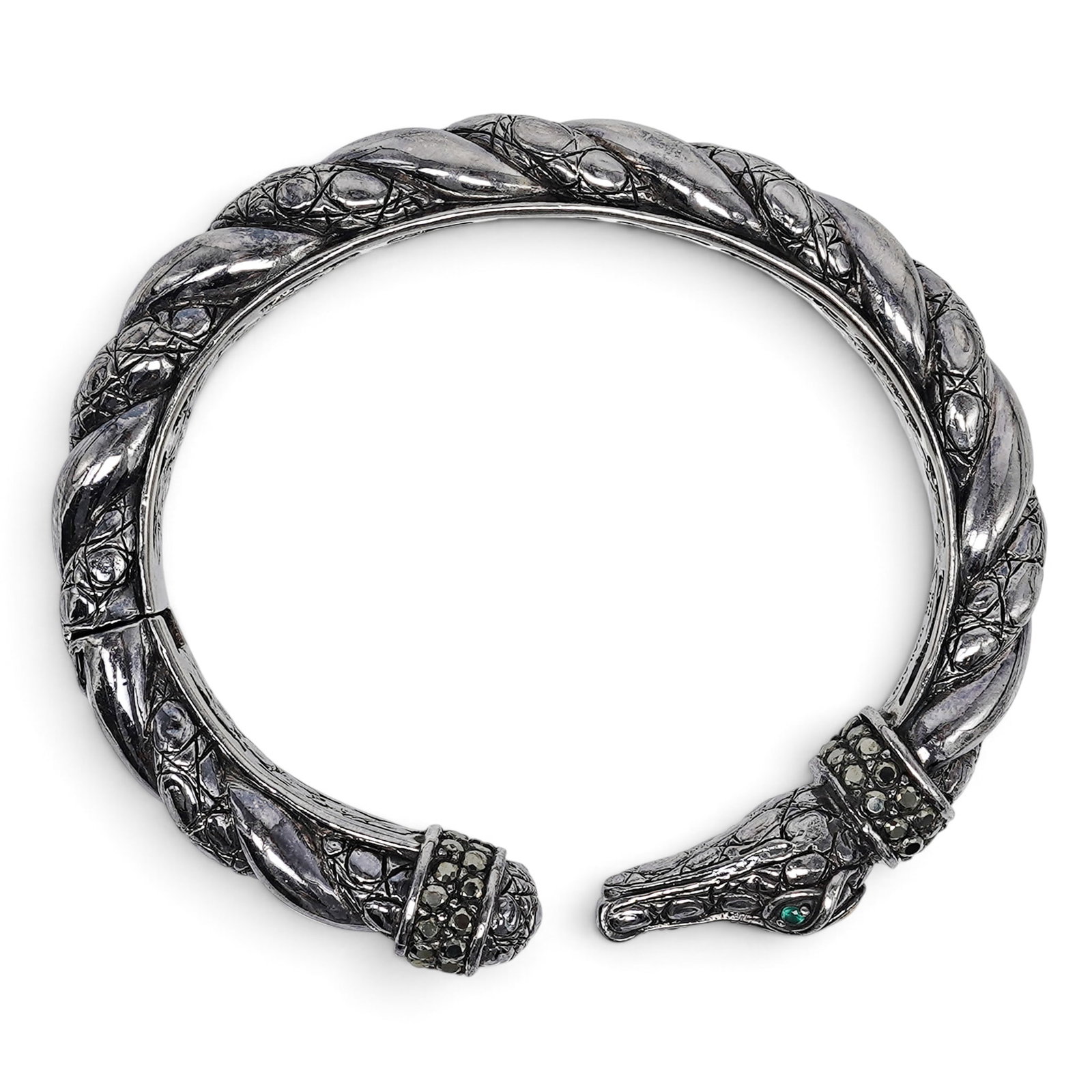 Jai John Hardy .925 Sterling Silver 14k Gold Crocodile Cuff Bracelet: Jai John Hardy .925 Sterling Silver 14k Gold Crocodile Cuff Bracelet 2010's, Bali JAI by John Hardy Crocodile Cuff Bracelet in sterling silver, designed as a wraparound crocodile with textured scales 