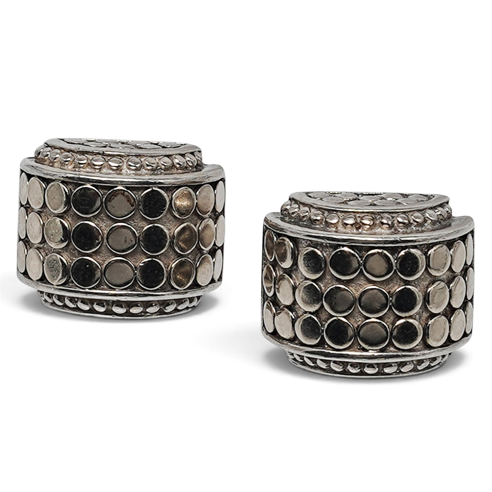John Hardy "Dot Stud" .925 Sterling Silver 18K Gold Earrings: John Hardy "Dot Stud" .925 Sterling Silver 18K Gold Earrings 2010's, Bali John Hardy Dot Stud Earrings in .925 sterling silver and 14K yellow gold with the collection’s signature dotted texture and 