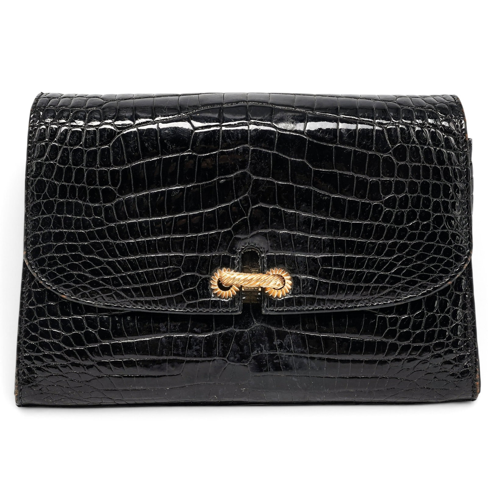 Gucci Black Crocodile Vintage Shoulder Bag: Gucci Black Crocodile Vintage Shoulder Bag 1970's/80's, Italy Vintage Gucci black crocodile leather shoulder bag featuring a glossy, genuine exotic leather with a gold-tone chain strap and leather str