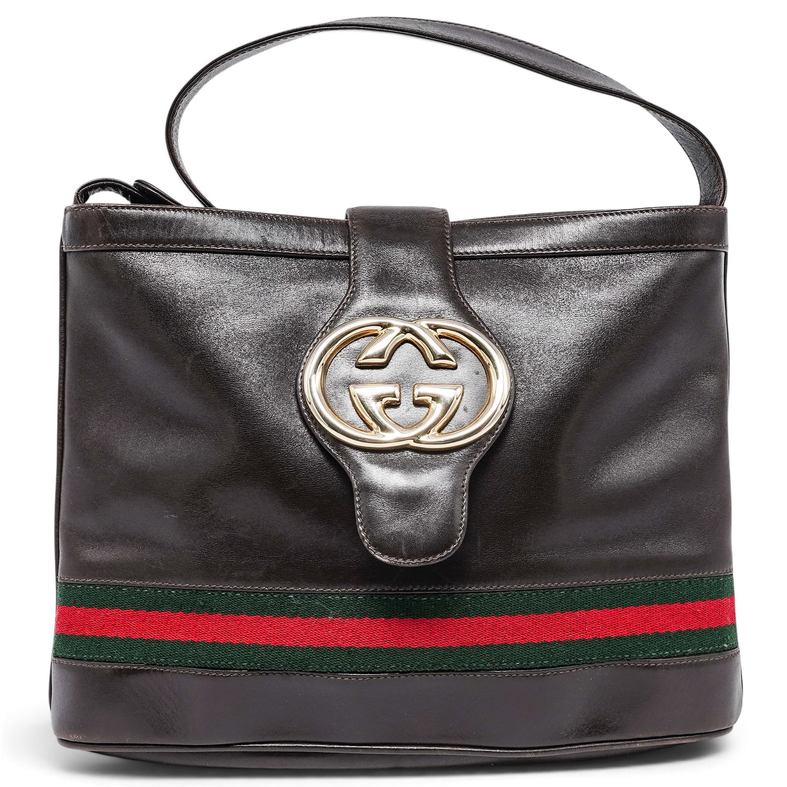 Gucci Brown Leather Vintage GG Webb Shoulder Bag: Gucci Brown Leather Vintage GG Webb Shoulder Bag 1980's, Italy Gucci Brown Leather Vintage GG Web Shoulder Bag with the signature GG logo, green and red Web stripe, and an adjustable shoulder strap. 1