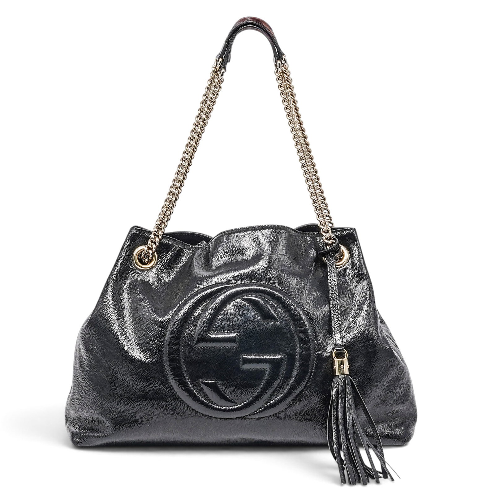 Gucci "Soho" Black Patent Leather Chain Tote Bag: Gucci "Soho" Black Patent Leather Chain Tote Bag 2010's, Italy Gucci Soho Chain Tote crafted from glossy black patent leather with an embossed GG logo, signature tassel detail, and polished chain hand