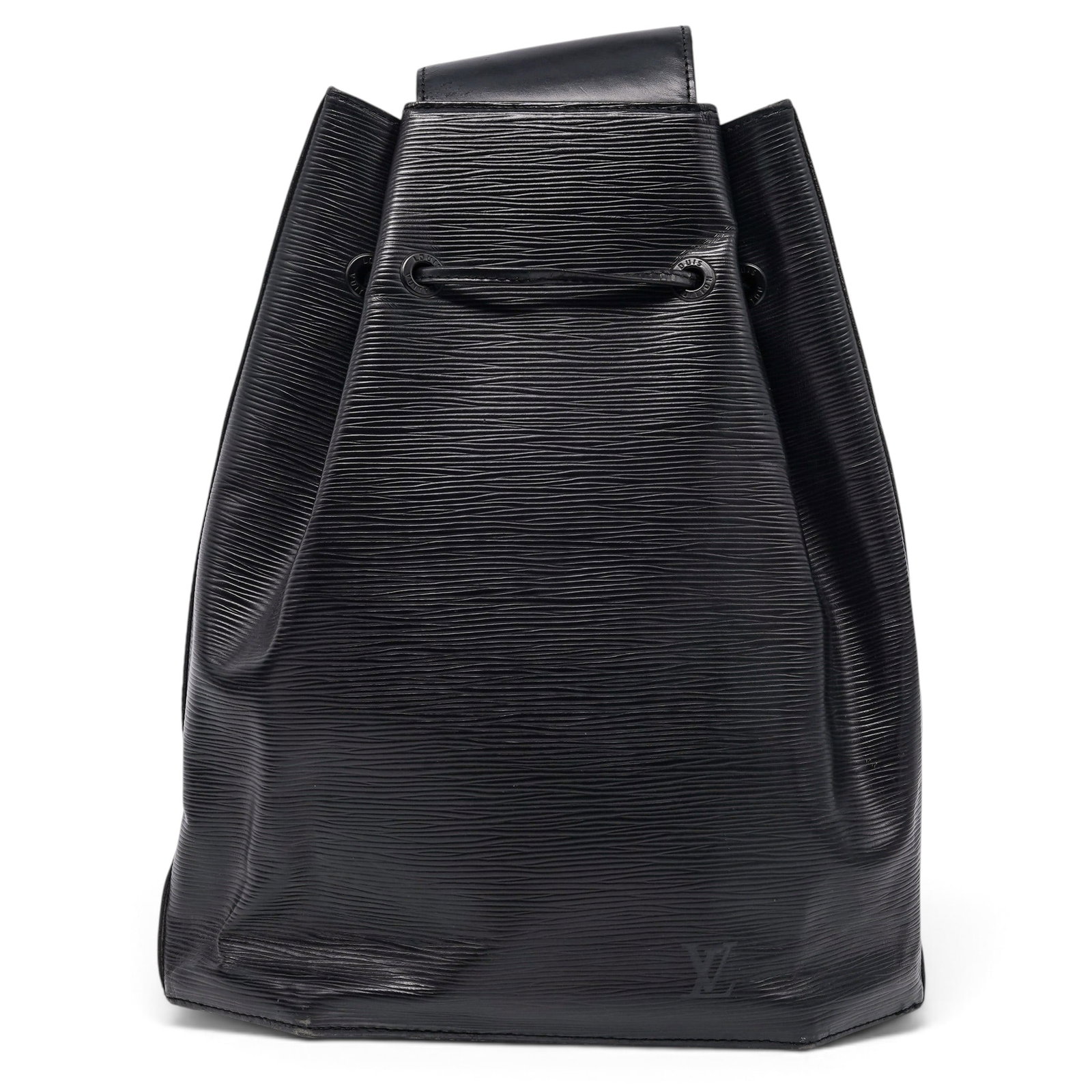 Louis Vuitton "Sac ? Dos" Black Epi Leather: Louis Vuitton "Sac ? Dos" Black Epi Leather 1995, France Louis Vuitton Sac à Dos Backpack crafted from black Epi leather, featuring a drawstring closure, adjustable shoulder straps, and leather trim.