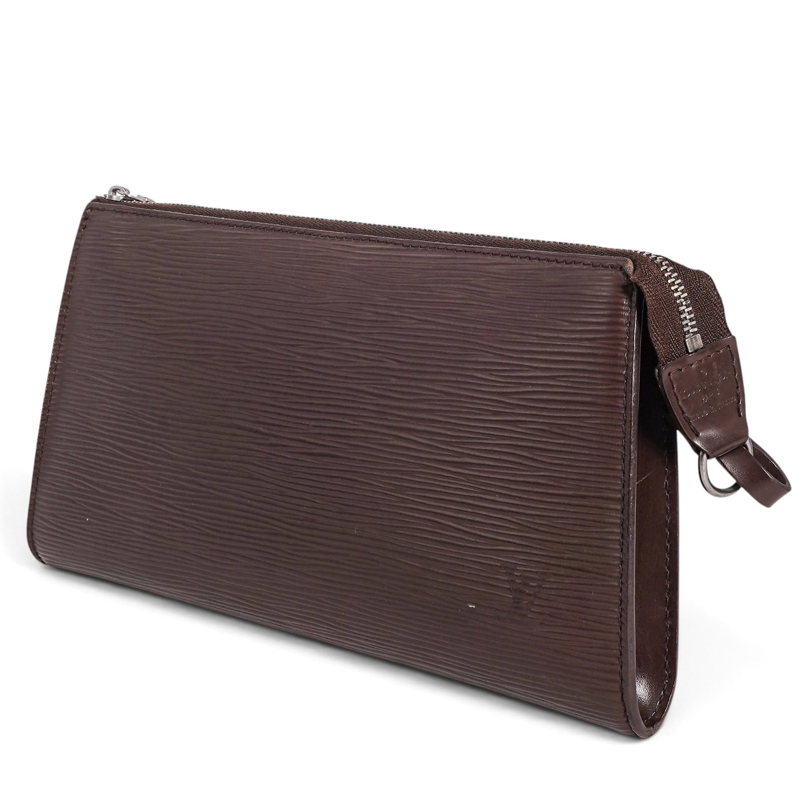 Louis Vuitton "Pochette Accessories" Brown Epi Leather: Louis Vuitton "Pochette Accessories" Brown Epi Leather 2004, France Louis Vuitton Pochette Accessoires crafted from black Epi leather with its signature textured finish and leather wrist strap. A