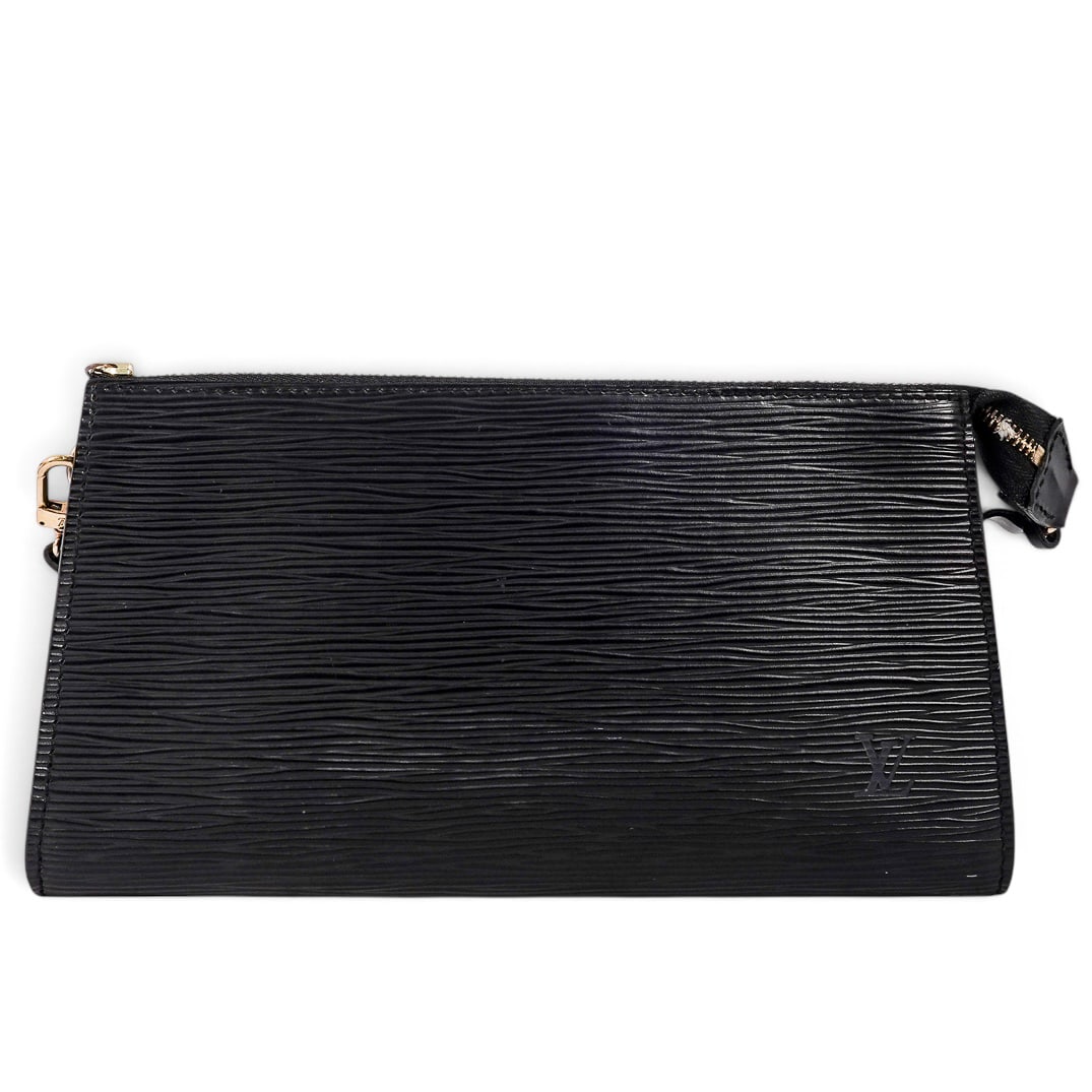 Louis Vuitton "Pochette Accessories" Black Epi Leather: Louis Vuitton "Pochette Accessories" Black Epi Leather 1999, France Louis Vuitton Pochette Accessoires crafted from black Epi leather with its signature textured finish and leather wrist strap. A comp