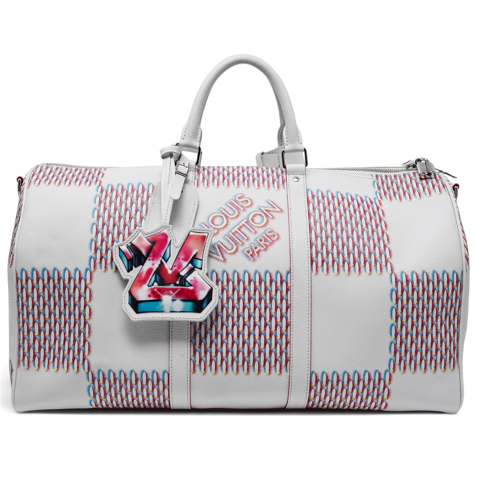 Louis Vuitton "Keepall" 50 Damier Spray: Louis Vuitton "Keepall" 50 Damier Spray 2022, France Louis Vuitton Keepall Bandoulière 50 Damier Spray crafted from Damier Spray canvas, featuring a grafitti "LV' bag charm in leather. Includes strap