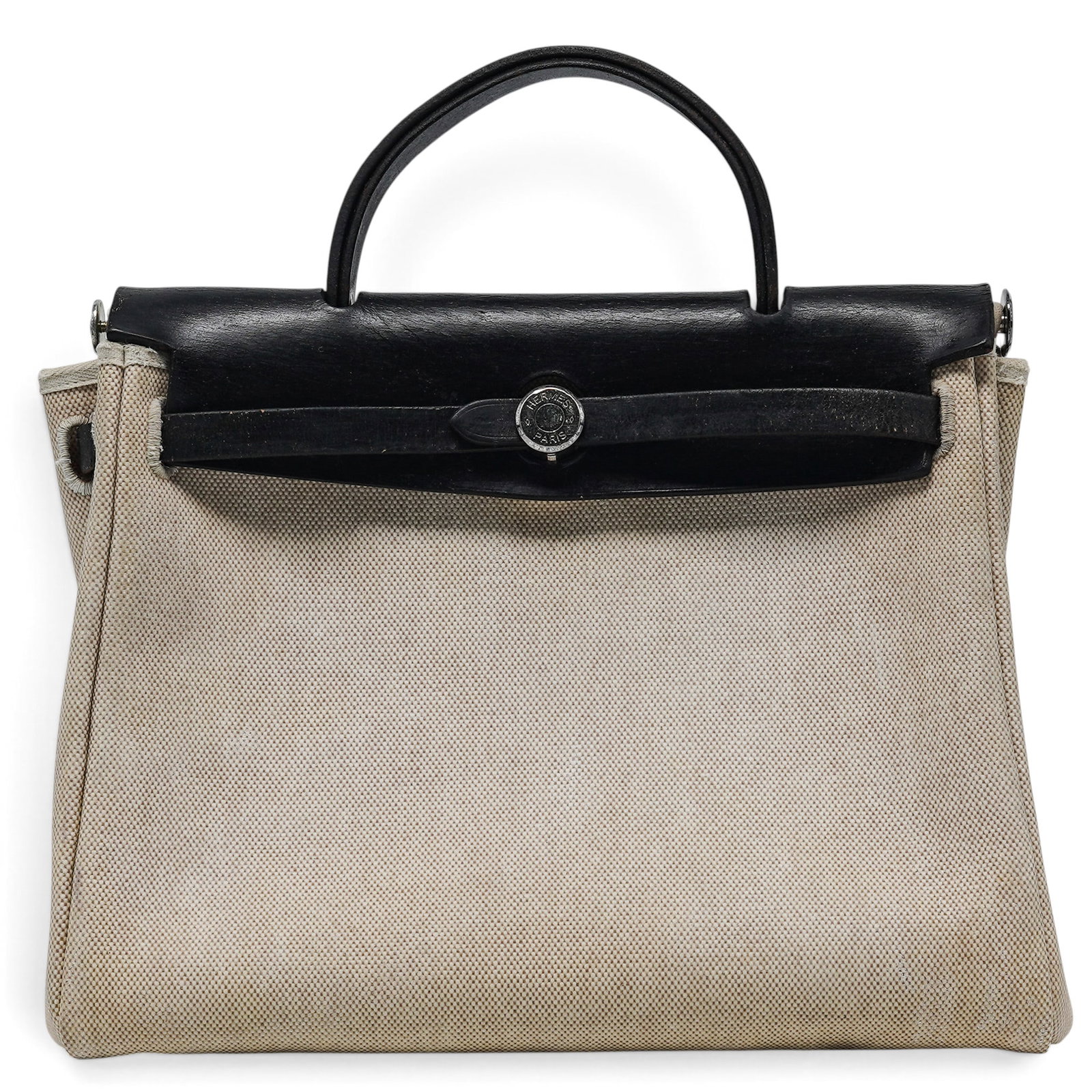 Hermes "Herbag" 31 Black Box Leather & Toile Canvas: Hermes "Herbag" 31 Black Box Leather & Toile Canvas 2001, France Hermès “Herbag” 31 in black Box leather and Toile canvas with leather trim, signature Clou de Paris hardware, and top handle. 