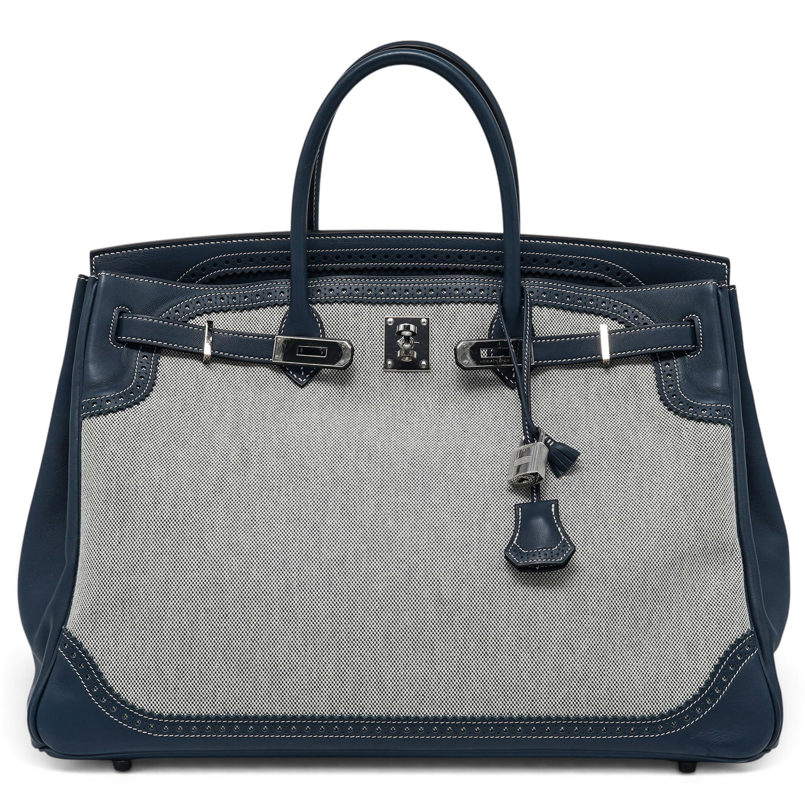 Hermes "Birkin" 40cm Ghillies Bleu De Prusse Swift Leather Toile Canvas: Hermes "Birkin" 40cm Ghillies Bleu De Prusse Swift Leather Toile Canvas R (2014), France Property of a Real Housewife of Miami, Lea Black. Hermès Birkin 40 Ghillies crafted from Bleu de Prusse Swift 