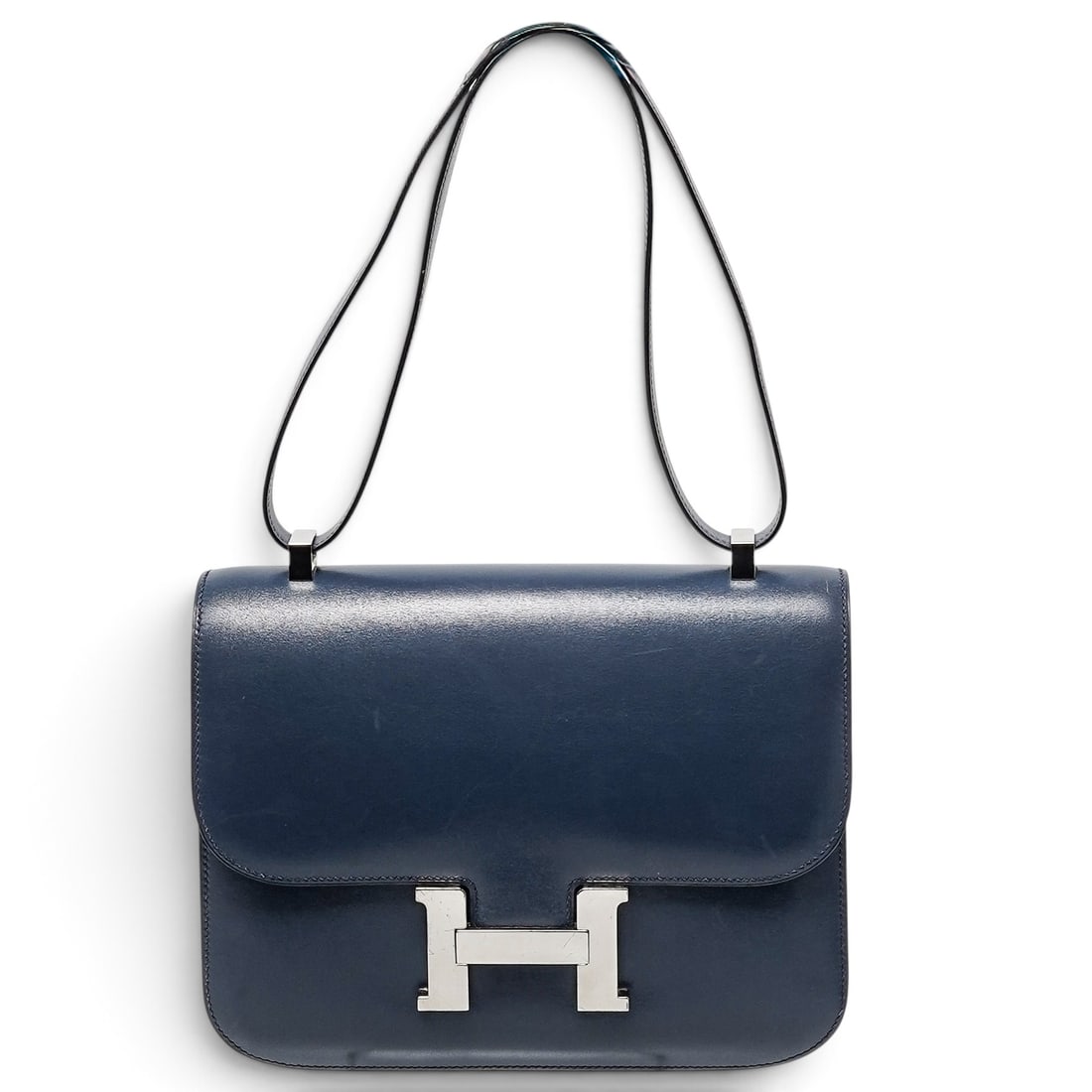 Hermes "Constance" 24cm Blue Box Calf Leather: Hermes "Constance" 24cm Blue Box Calf Leather Property of a Real Housewife of Miami, Lea Black. Hermès Constance 24cm crafted from Blue Box Calf leather with Palladium hardware. Features the signatur